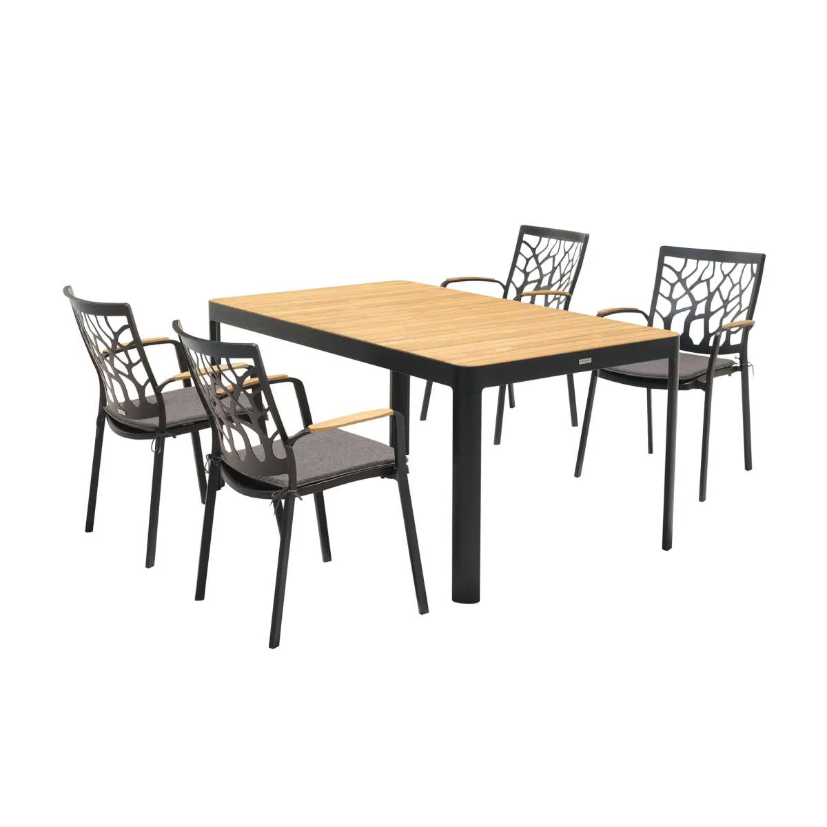 Portals Outdoor 5 piece Dining Table Set in Black Finish and Natural Teak Wood Accent Top By Armen Living - Image 2