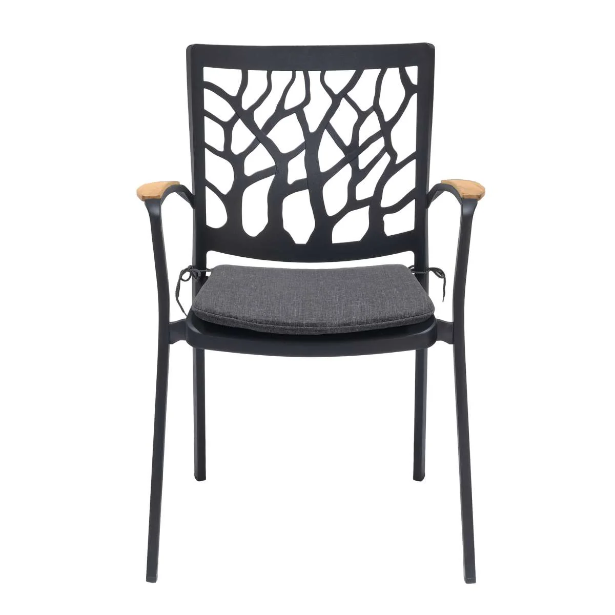 Portals Outdoor 5 piece Dining Table Set in Black Finish and Natural Teak Wood Accent Top By Armen Living - Image 4