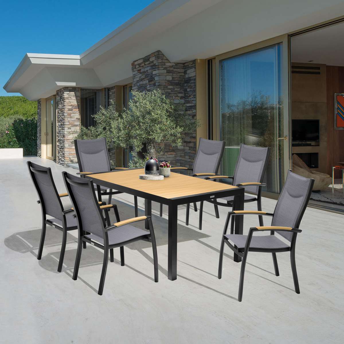 Portals Outdoor 7 Piece Black Aluminum & Teak Wood Dining Set By Armen Living - Image 17