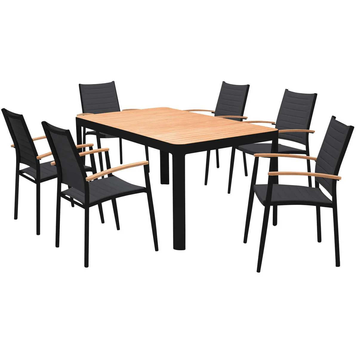 Portals Outdoor 7 Piece Black Aluminum & Teak Wood Dining Set By Armen Living - Image 2