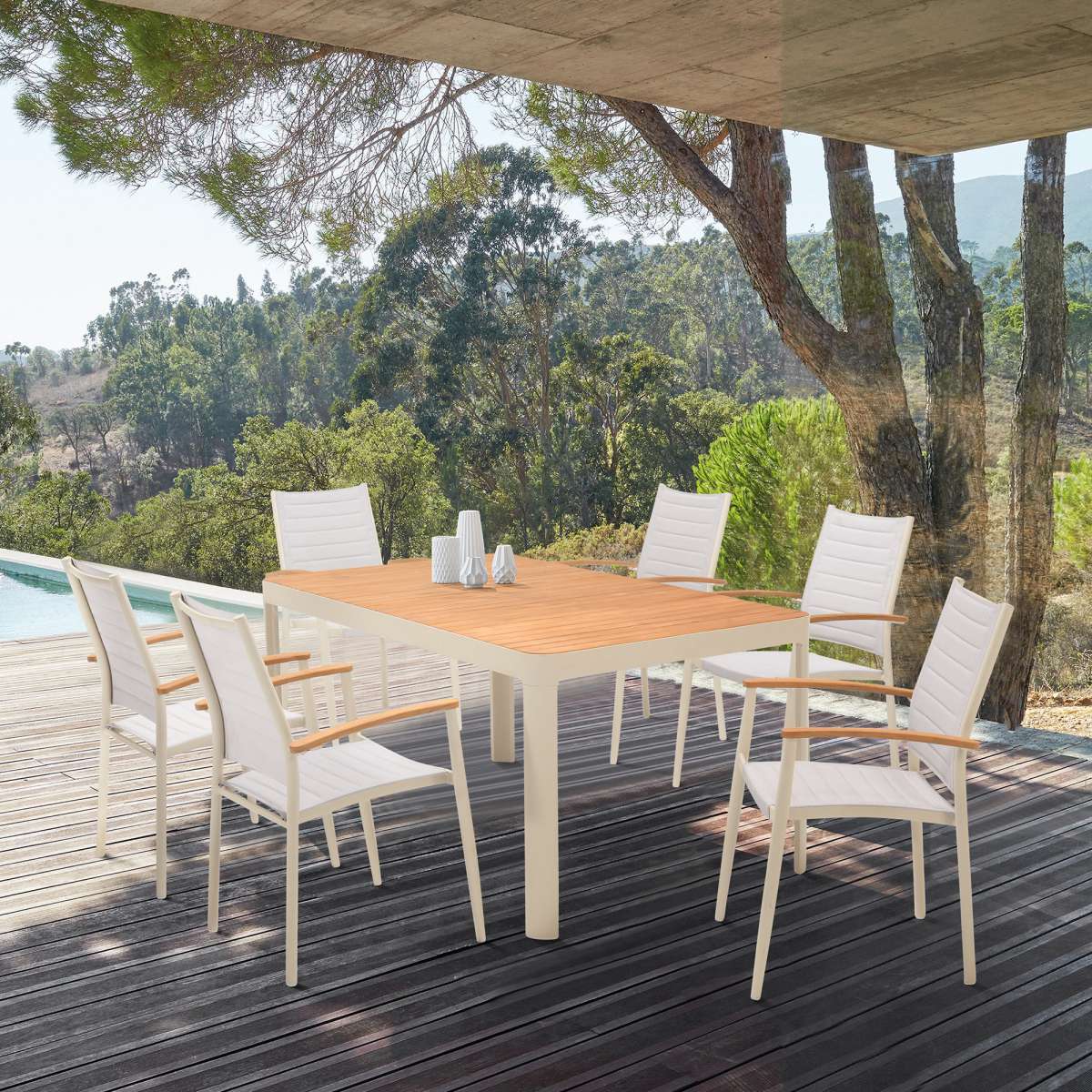 Portals Outdoor 7 Piece Black Aluminum & Teak Wood Dining Set By Armen Living - Image 9