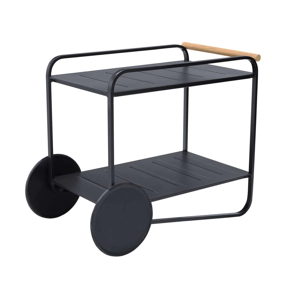 Portals Outdoor Accent Cart in Black Finish and Natural Teak Wood Accent By Armen Living - Image 2