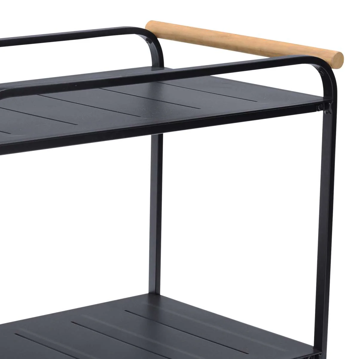 Portals Outdoor Accent Cart in Black Finish and Natural Teak Wood Accent By Armen Living - Image 4