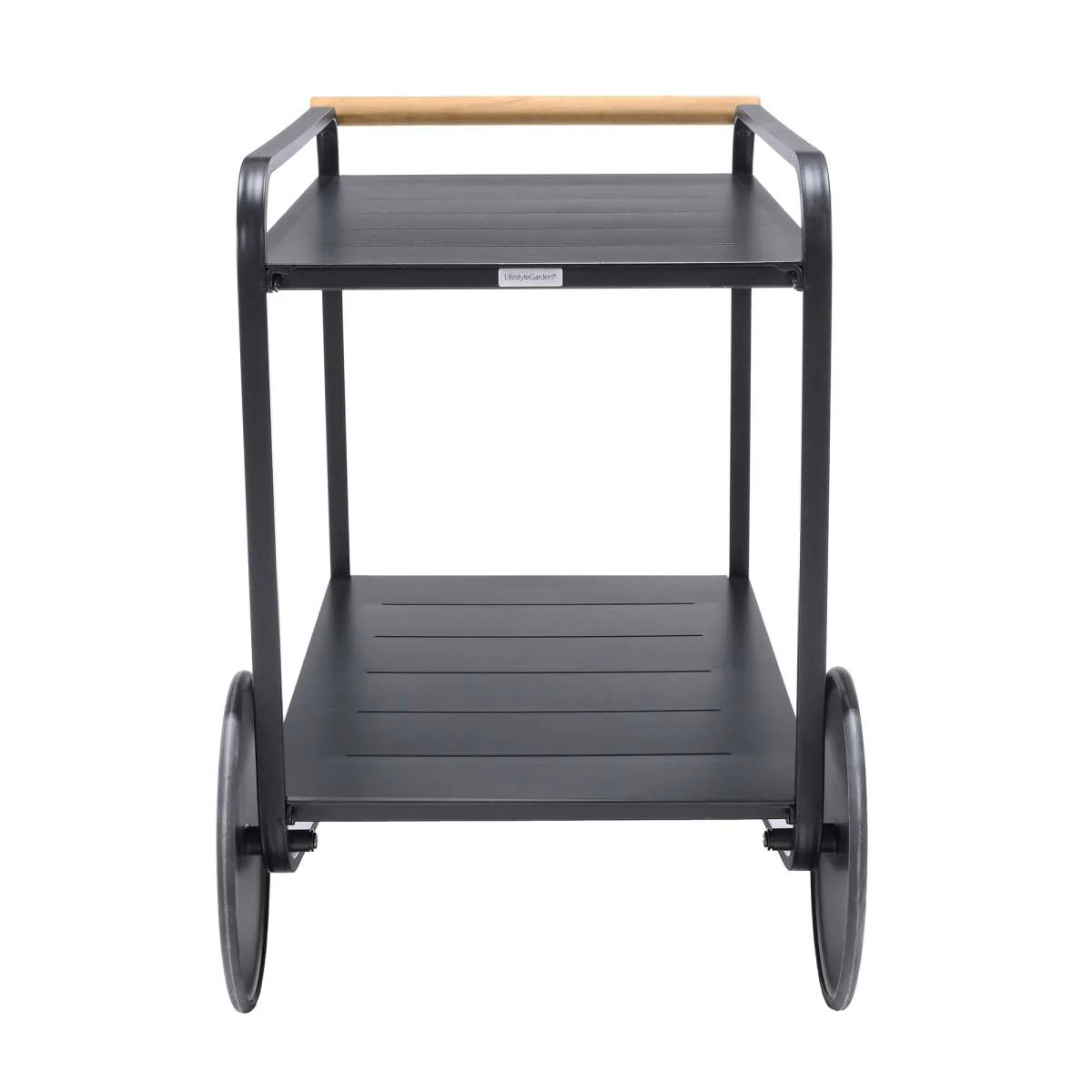 Portals Outdoor Accent Cart in Black Finish and Natural Teak Wood Accent By Armen Living - Image 6