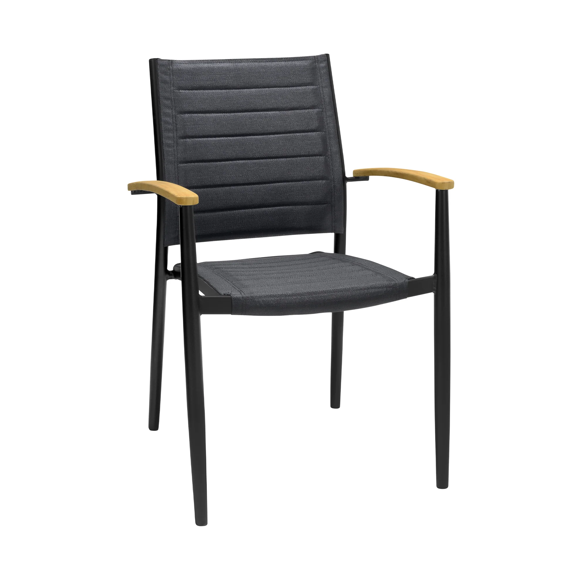 Portals Outdoor Black Aluminum Stacking Dining Chair with Teak Arms - Set of 2 By Armen Living - Image 3