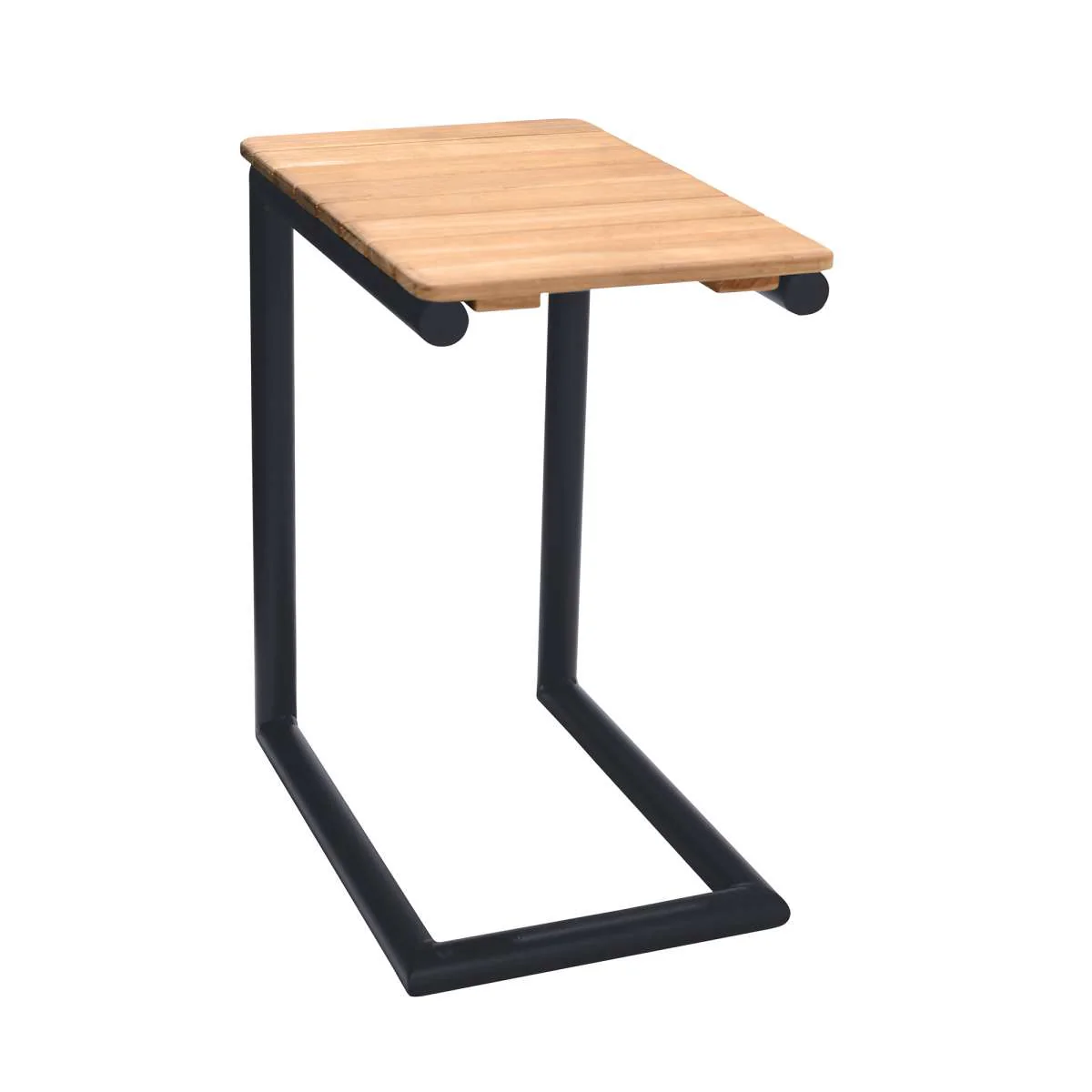 Portals Outdoor C-Shape Side Table in Black Finish and Natural Teak Wood Top By Armen Living - Image 2