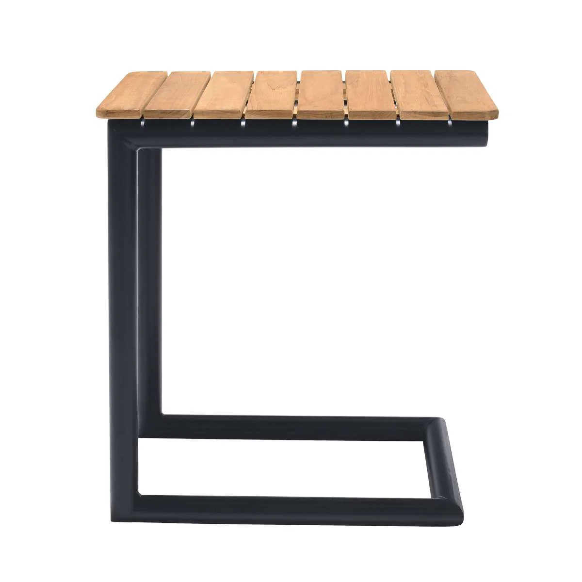 Portals Outdoor C-Shape Side Table in Black Finish and Natural Teak Wood Top By Armen Living - Image 4