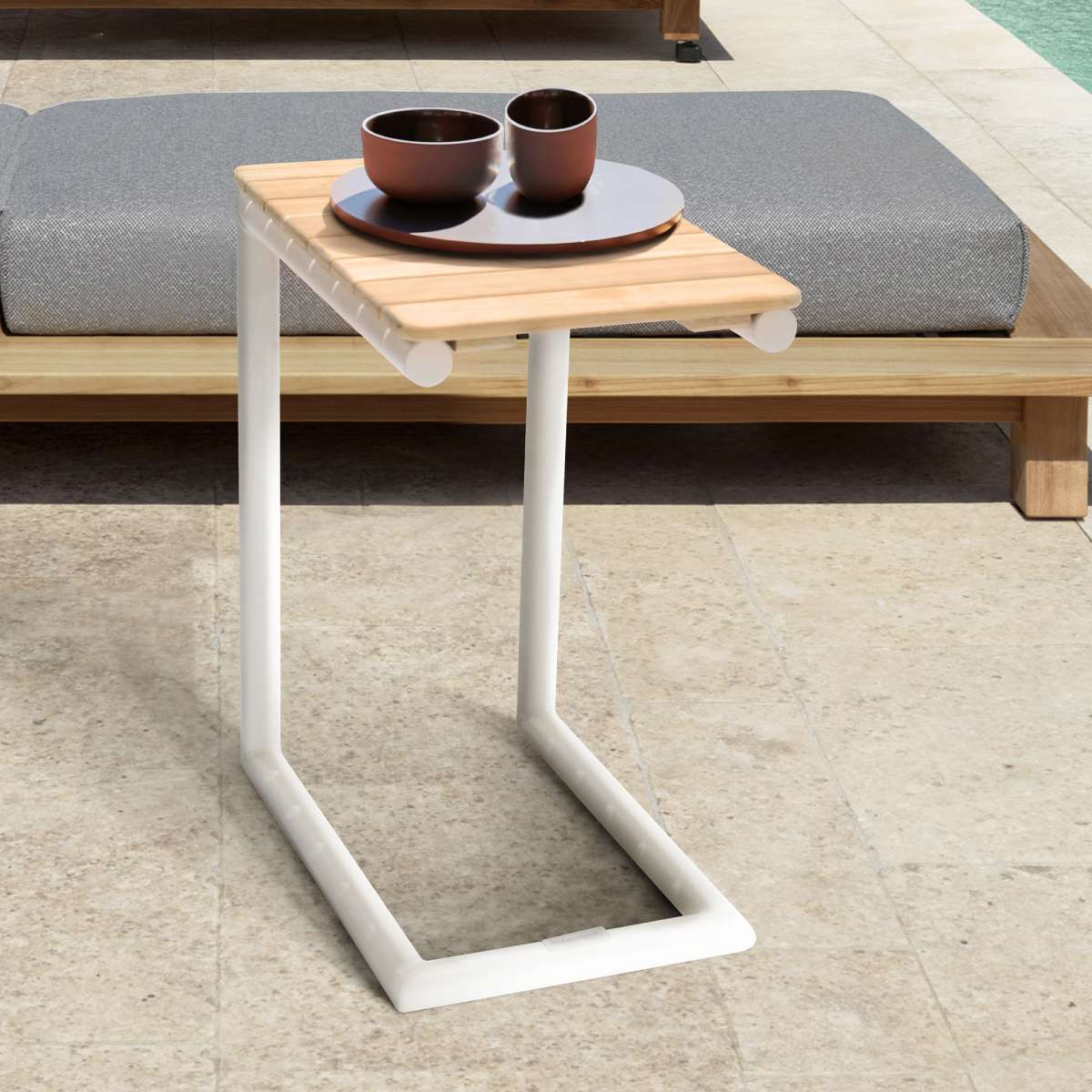 Portals Outdoor C-Shape Side Table in Black Finish and Natural Teak Wood Top By Armen Living - Image 6