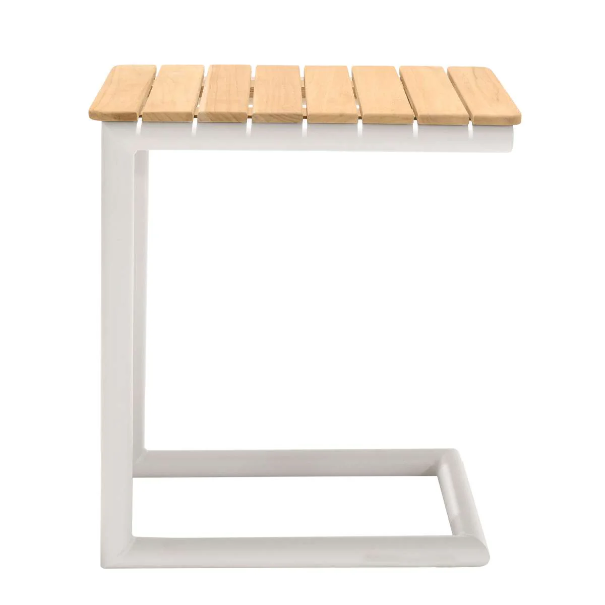 Portals Outdoor C-Shape Side Table in Black Finish and Natural Teak Wood Top By Armen Living - Image 8