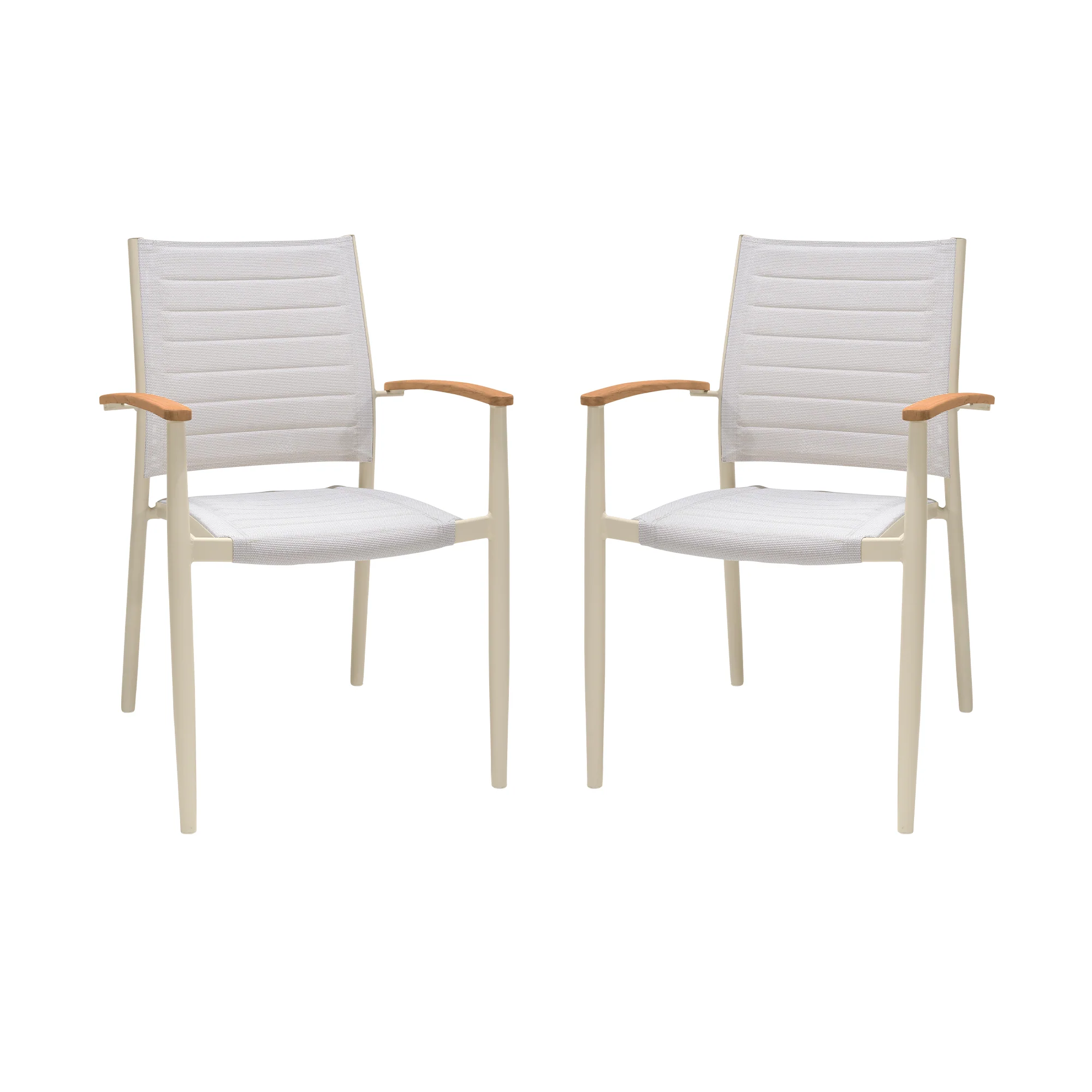 Portals Outdoor Coral Sand Aluminum Stacking Dining Chair with Teak Arms - Set of 2 By Armen Living - Image 2