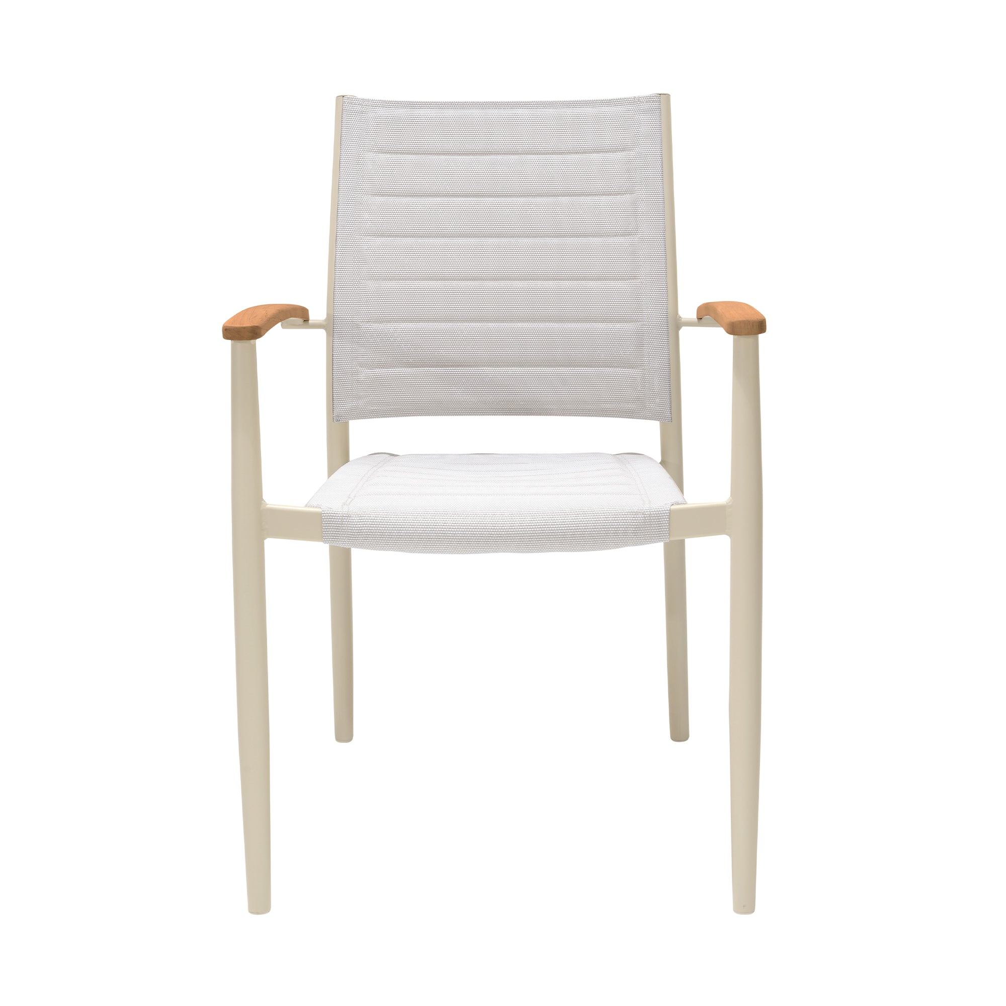 Portals Outdoor Coral Sand Aluminum Stacking Dining Chair with Teak Arms - Set of 2 By Armen Living - Image 4