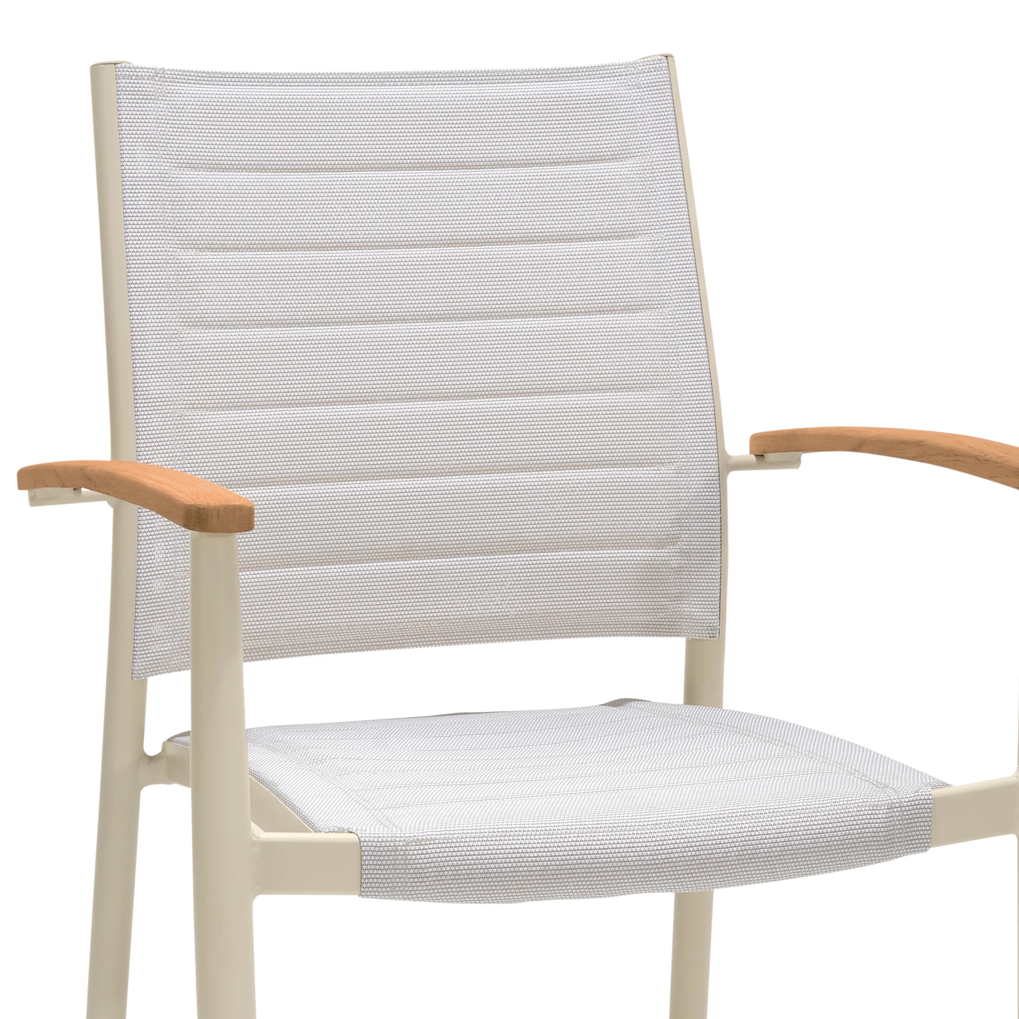 Portals Outdoor Coral Sand Aluminum Stacking Dining Chair with Teak Arms - Set of 2 By Armen Living - Image 5