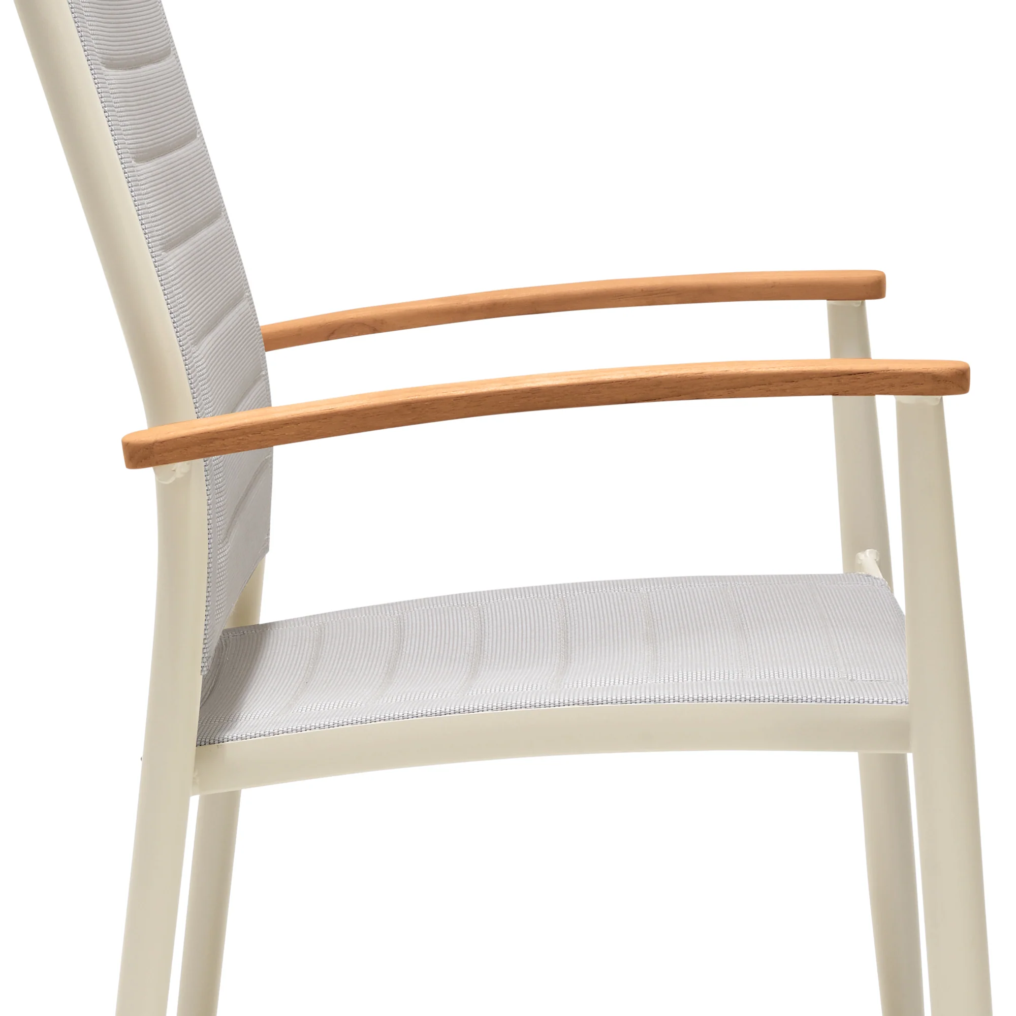 Portals Outdoor Coral Sand Aluminum Stacking Dining Chair with Teak Arms - Set of 2 By Armen Living - Image 6