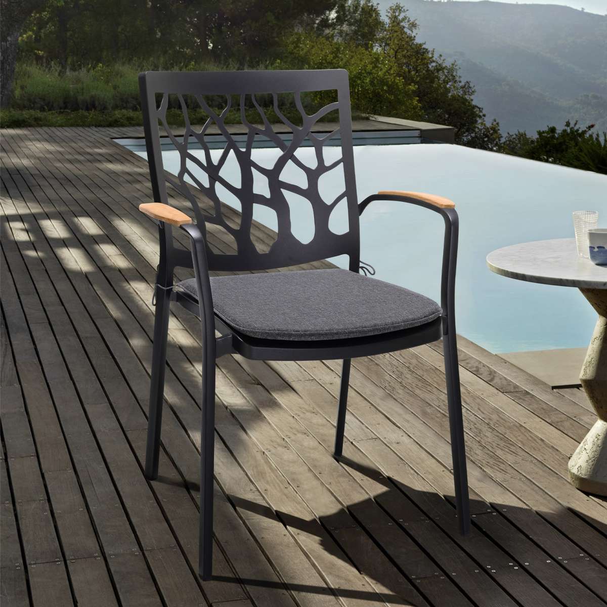 Portals Outdoor Patio Aluminum Chair in Black with Natural Teak Wood Accent-Set of 2 By Armen Living - Image 15