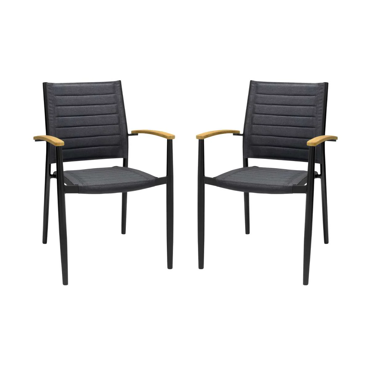Portals Outdoor Patio Aluminum Chair in Black with Natural Teak Wood Accent-Set of 2 By Armen Living - Image 3