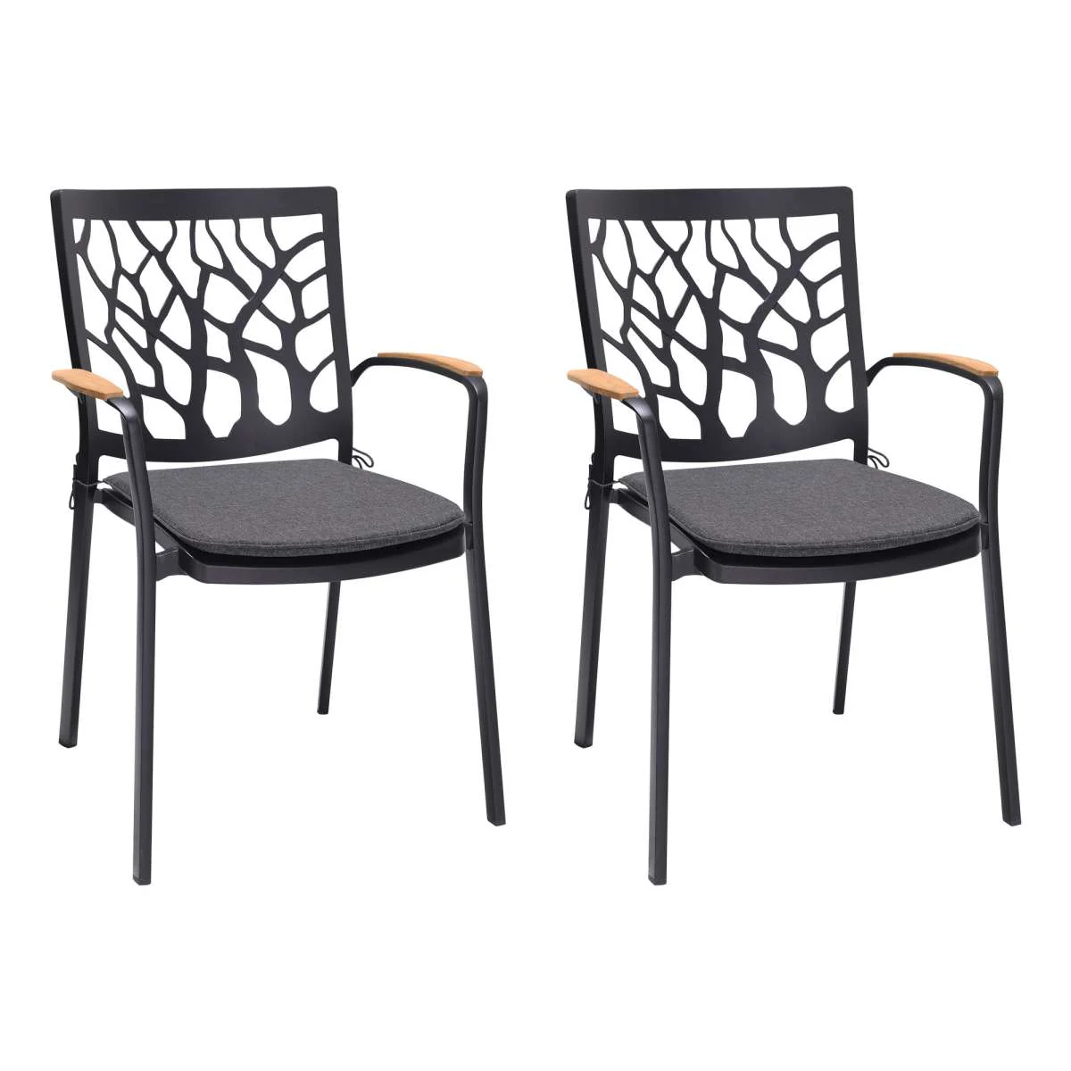 Portals Outdoor Patio Aluminum Chair in Black with Natural Teak Wood Accent-Set of 2 By Armen Living - Image 8
