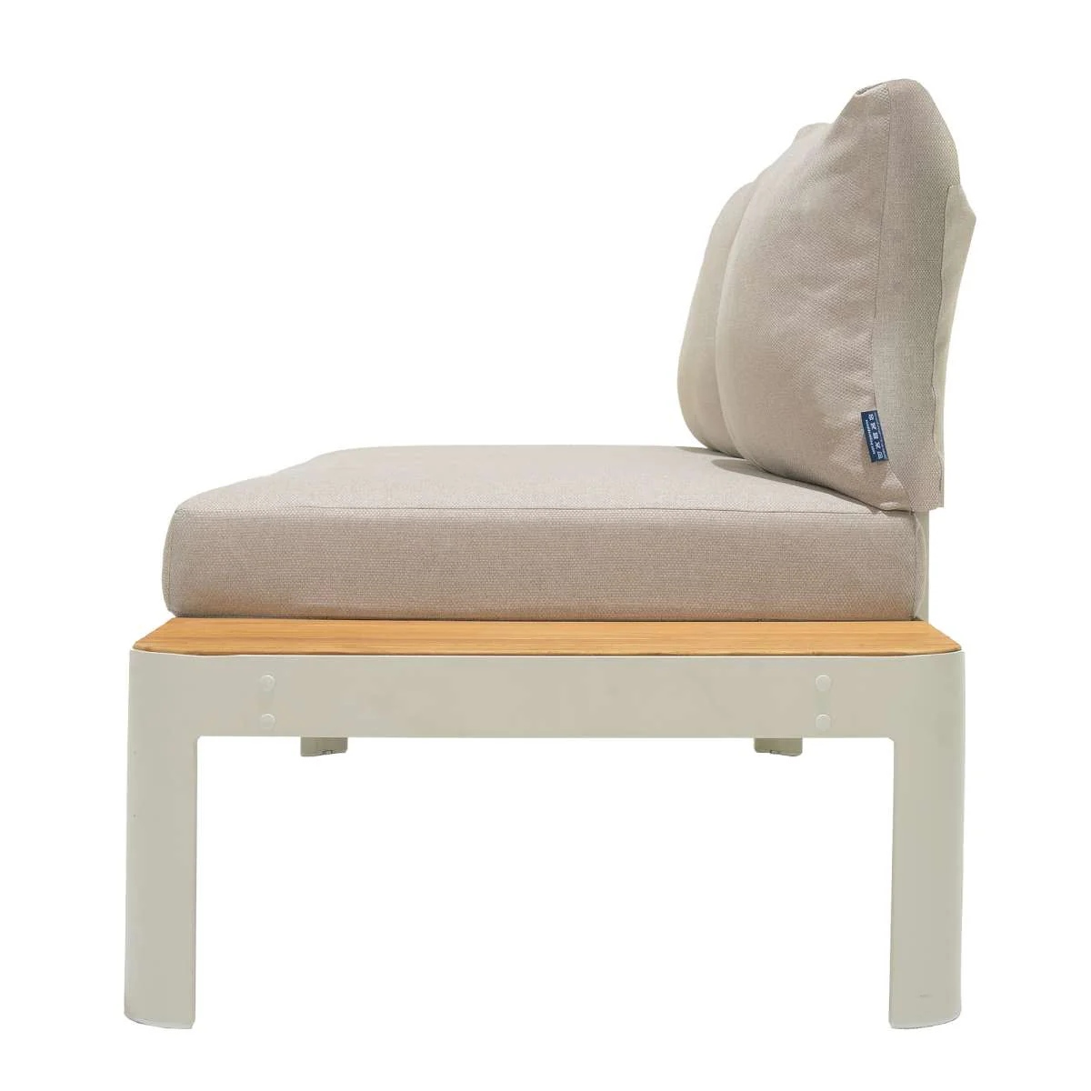 Portals Outdoor Sofa in Light Matte Sand Finish with Natural Teak Wood and Beige Cushions By Armen Living - Image 4