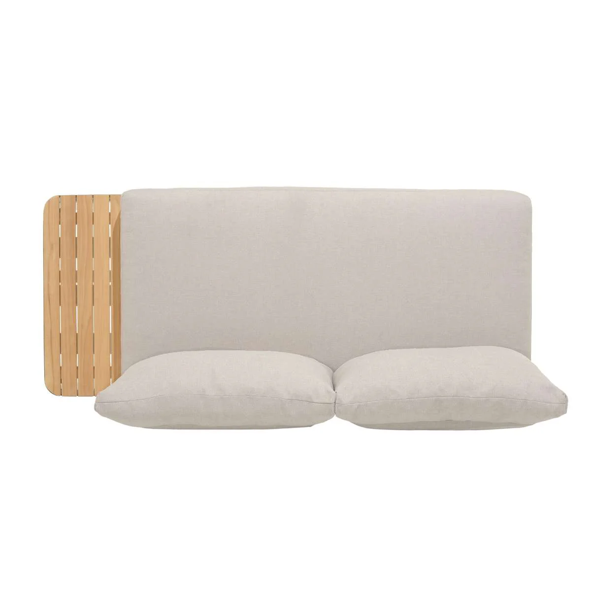 Portals Outdoor Sofa in Light Matte Sand Finish with Natural Teak Wood and Beige Cushions By Armen Living - Image 5