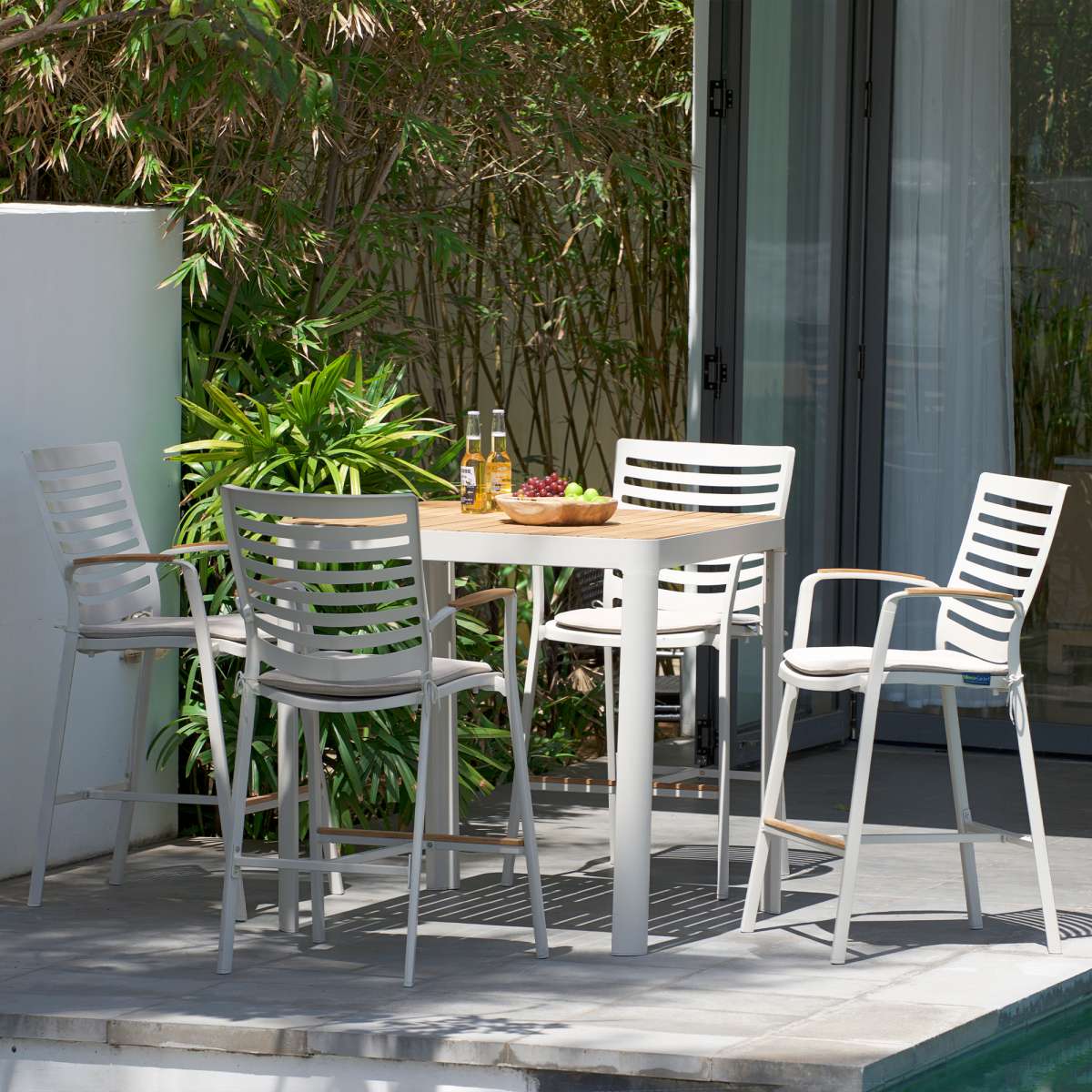 Portals Outdoor Square Bar Table In Light Matte Sand with Natural Teak Wood Top By Armen Living - Image 2