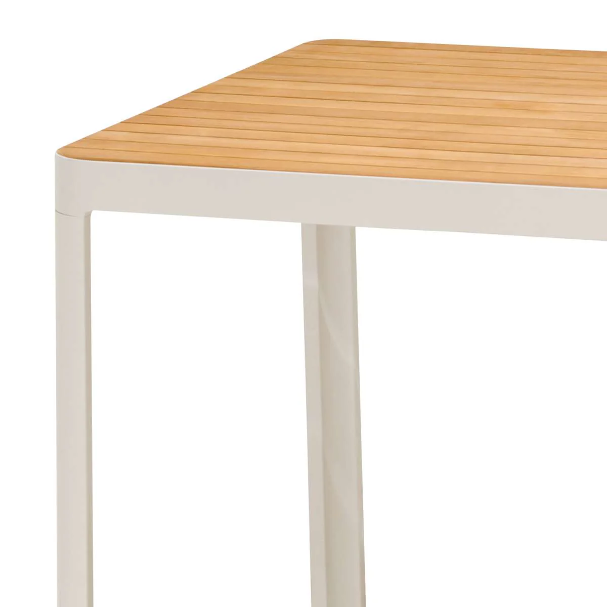 Portals Outdoor Square Bar Table In Light Matte Sand with Natural Teak Wood Top By Armen Living - Image 3