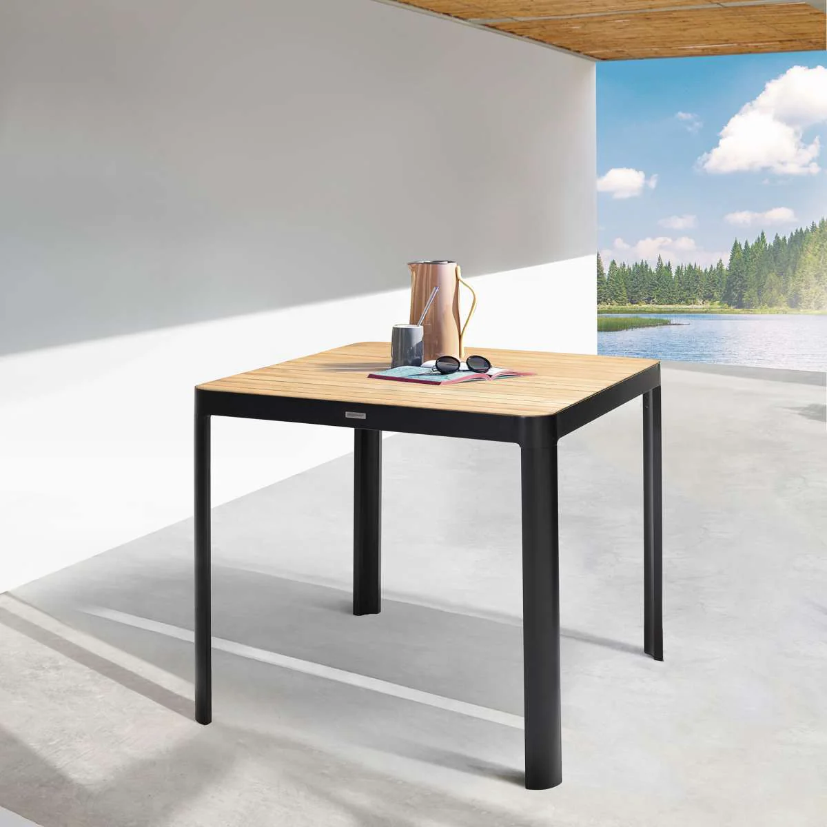 Portals Outdoor Square Bar Table in Natural Teak Wood Top and Black Frame By Armen Living - Image 6