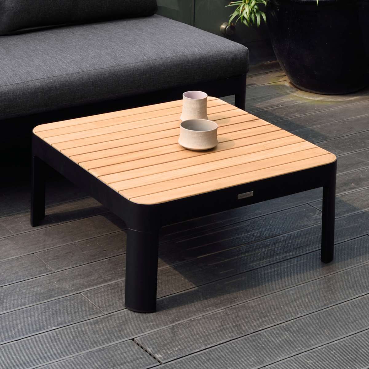 Portals Outdoor Square Coffee Table in Black Finish with Natural Teak Wood Top By Armen Living - Image 5