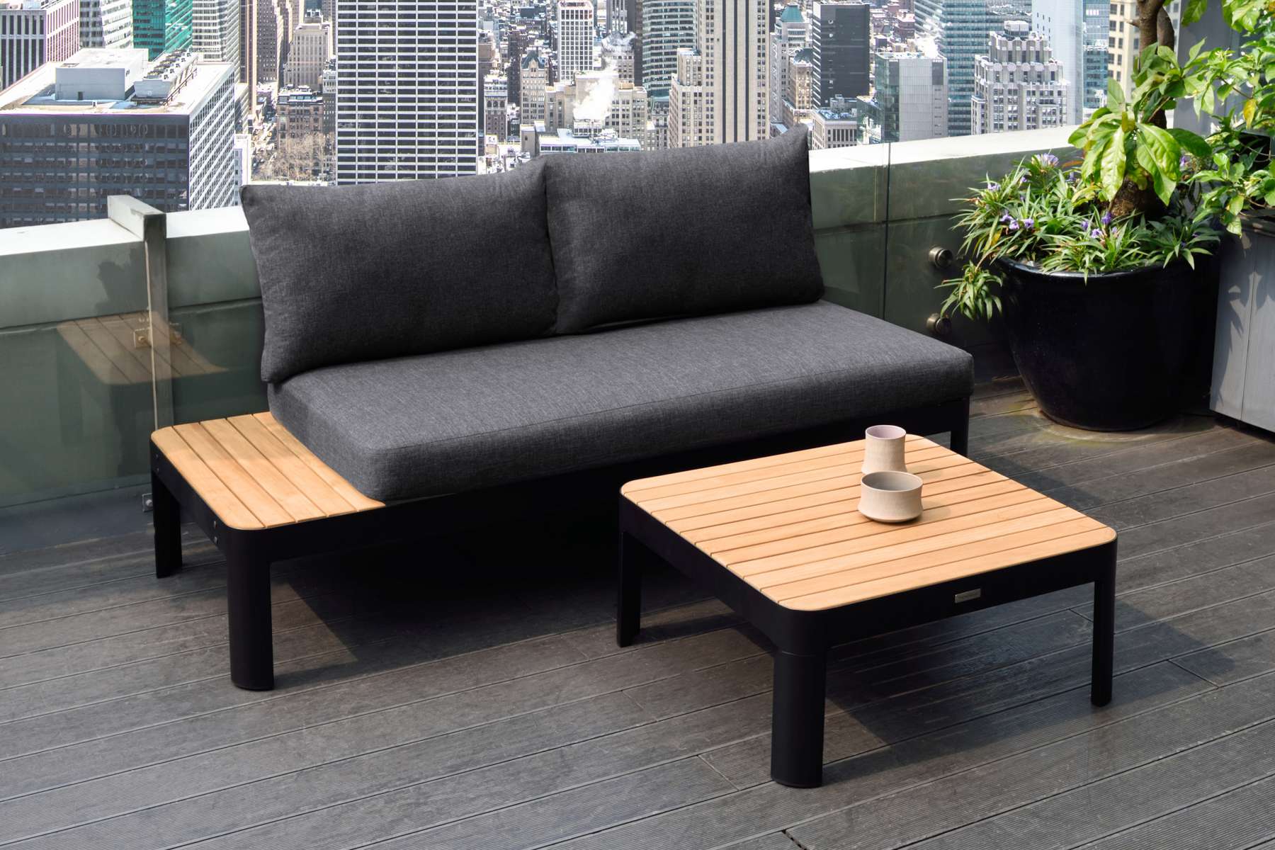 Portals Outdoor Square Coffee Table in Black Finish with Natural Teak Wood Top By Armen Living - Image 6