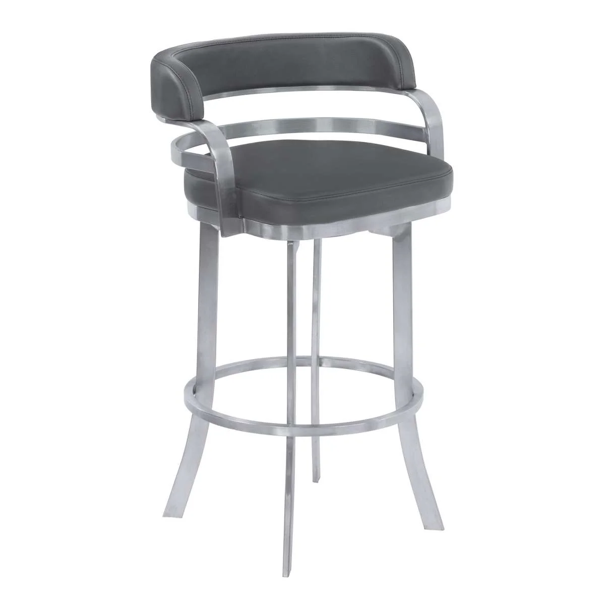 Prinz 26" Counter Height Swivel Grey Faux Leather and Brushed Stainless Steel Bar Stool By Armen Living - Image 2