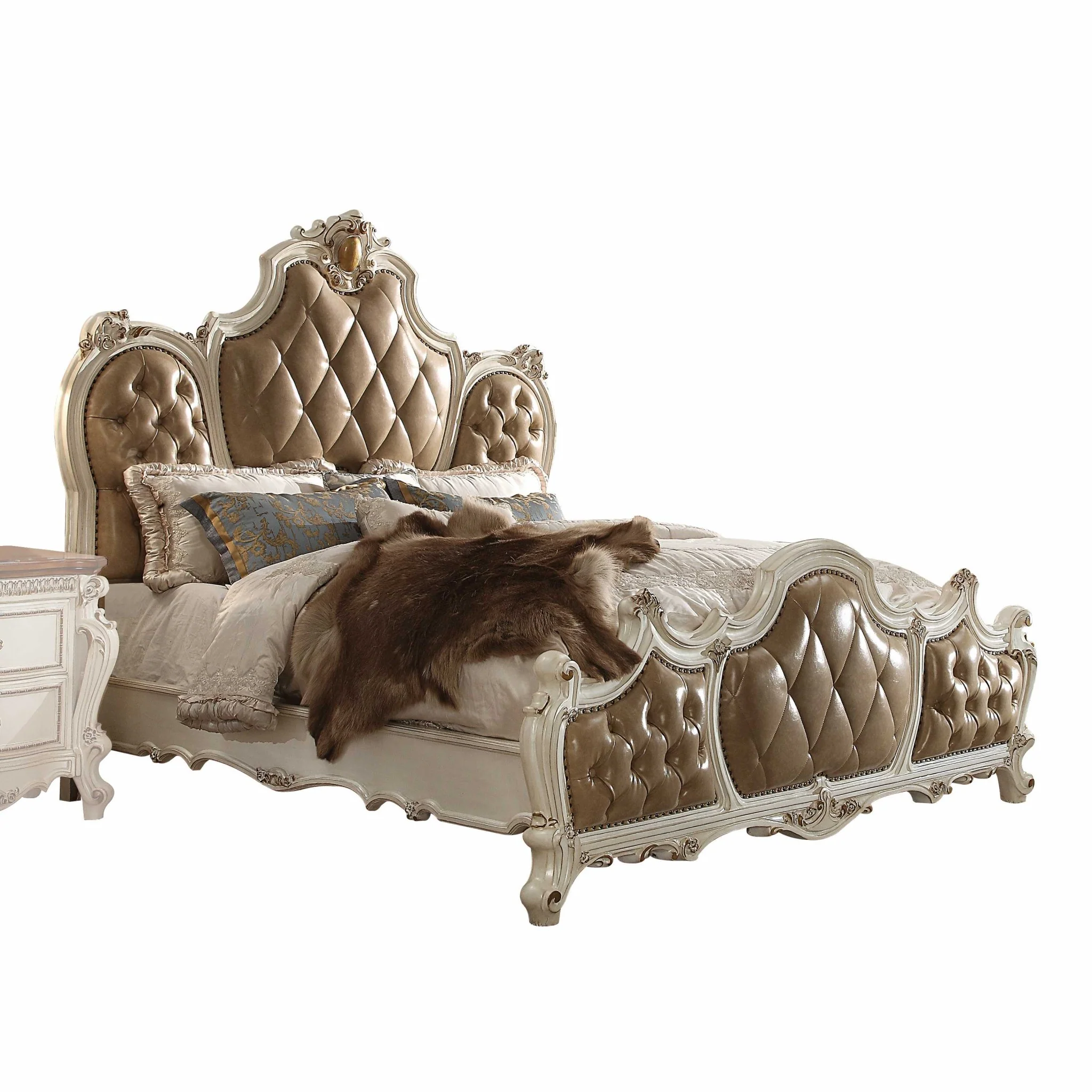 Pu Antique Pearl Wood Poly Resin Upholstery Eastern King Bed By Homeroots - Image 2