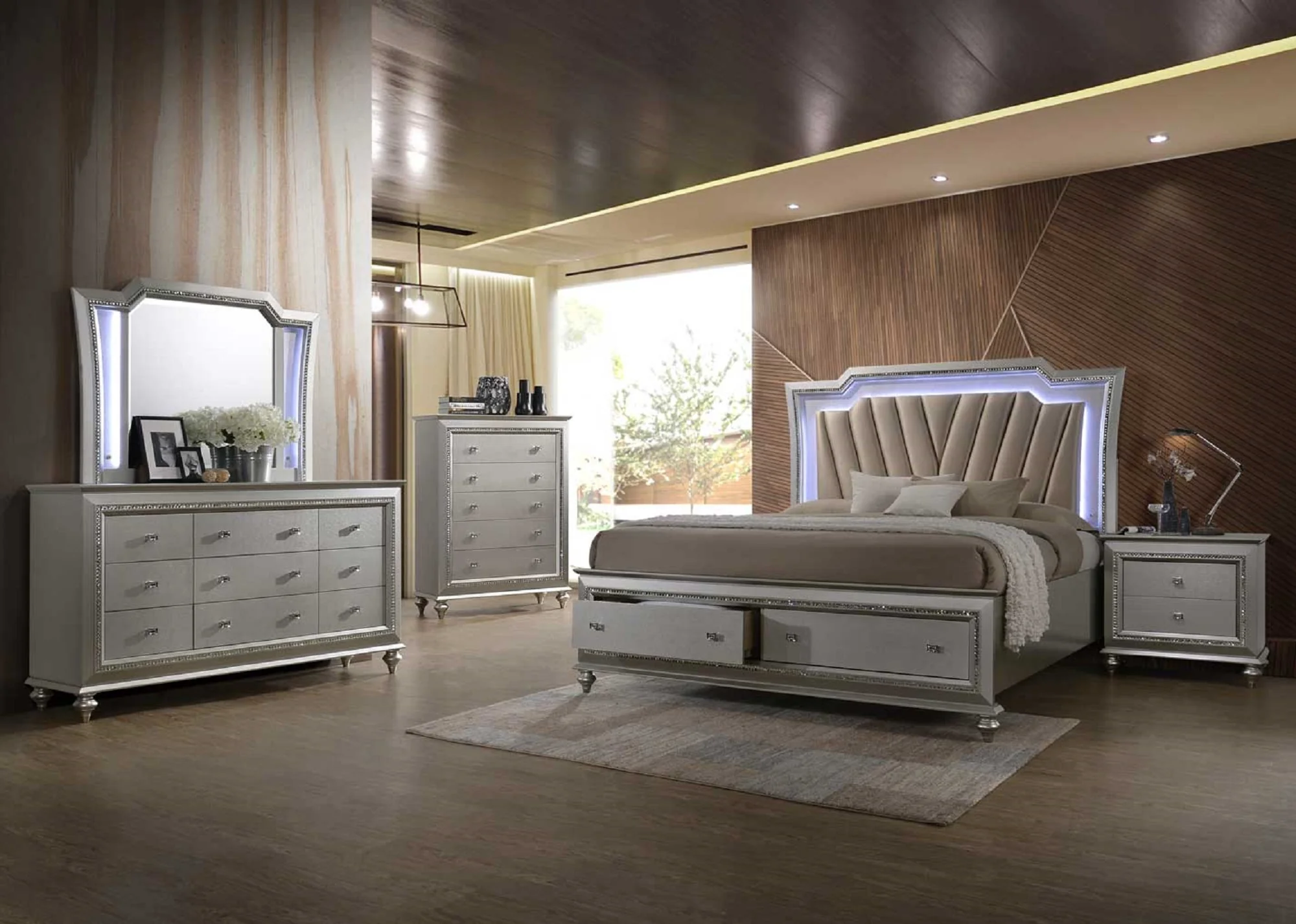 Pu Champagne Wood Upholstered Hb Led Queen Bed By Homeroots - Image 4