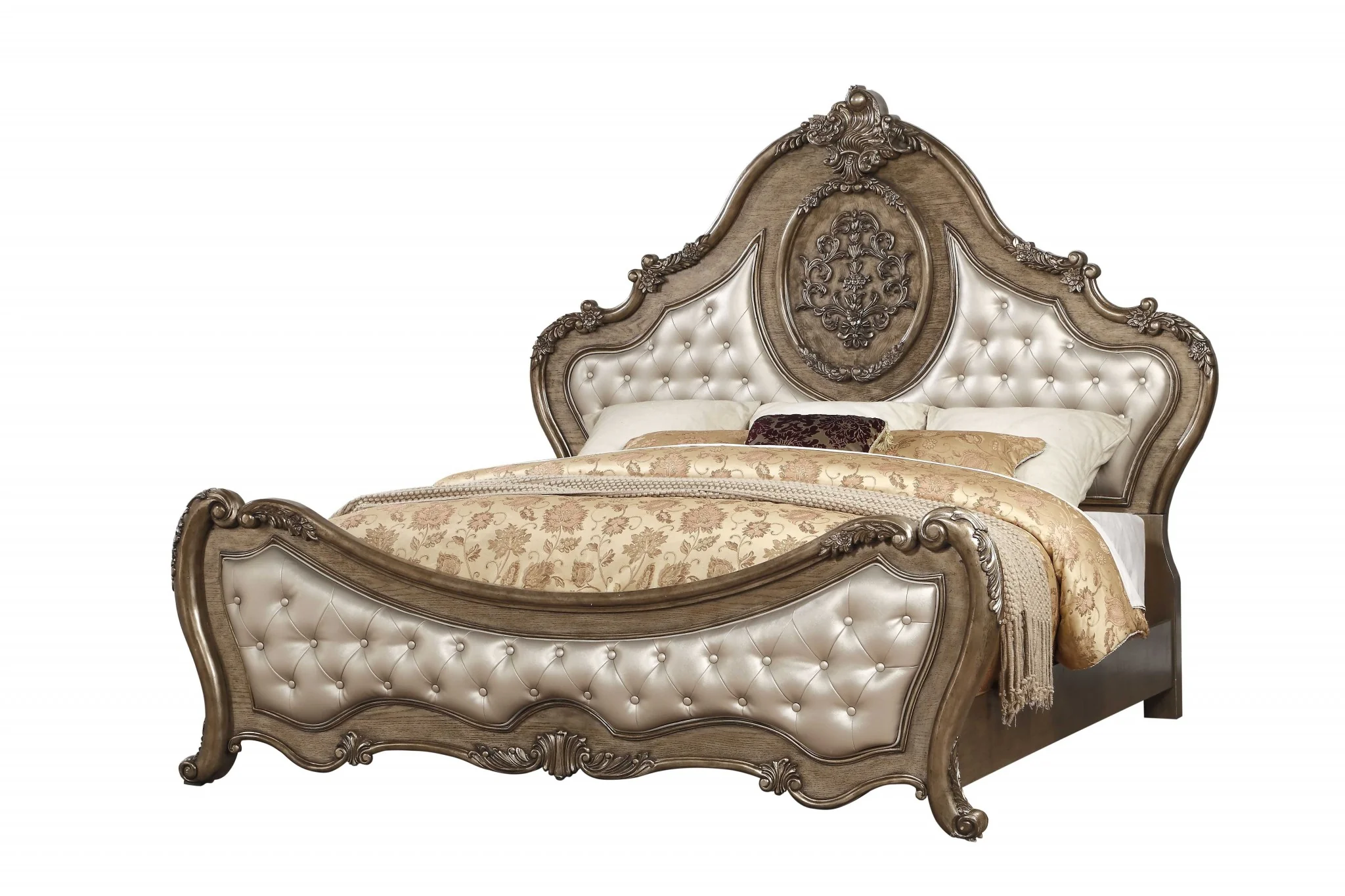 Pu Vintage Oak Wood Upholstery California King Bed By Homeroots - Image 2