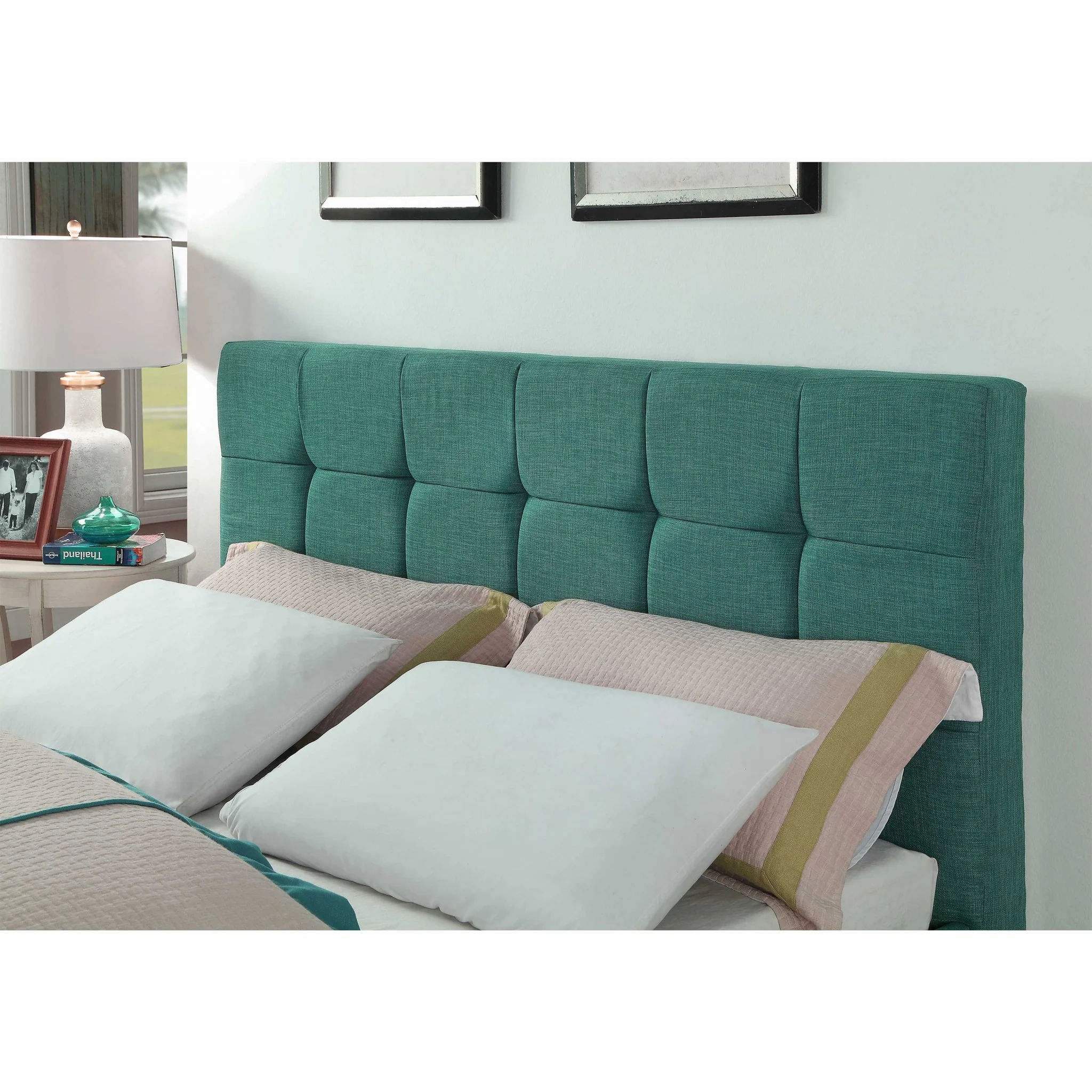 Queen Blue Modern Upholstered Square Stitched Platform Bed By Homeroots - Image 3
