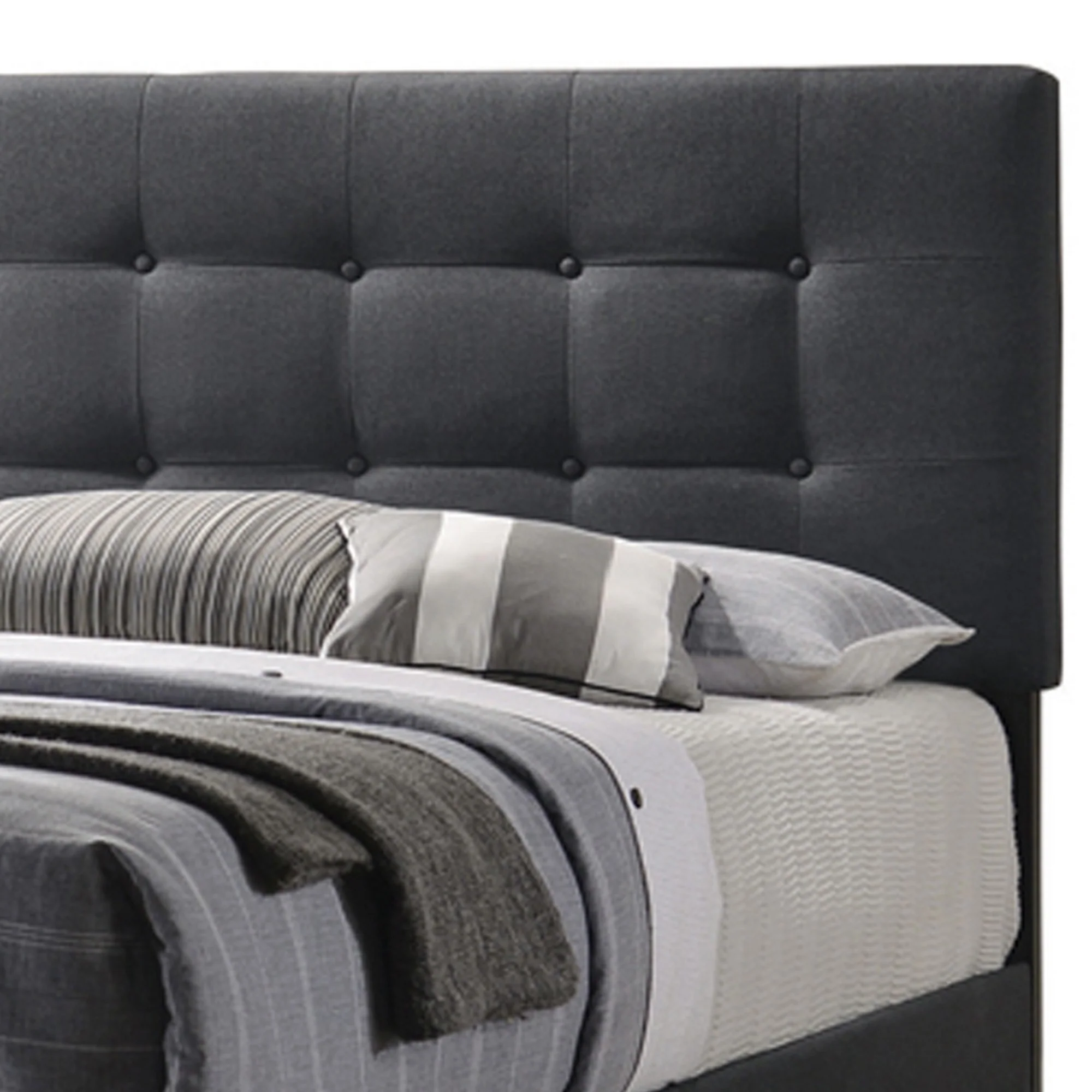 Queen Size Bed With Square Button Tufted Headboard, Dark Gray By Benzara - Image 4