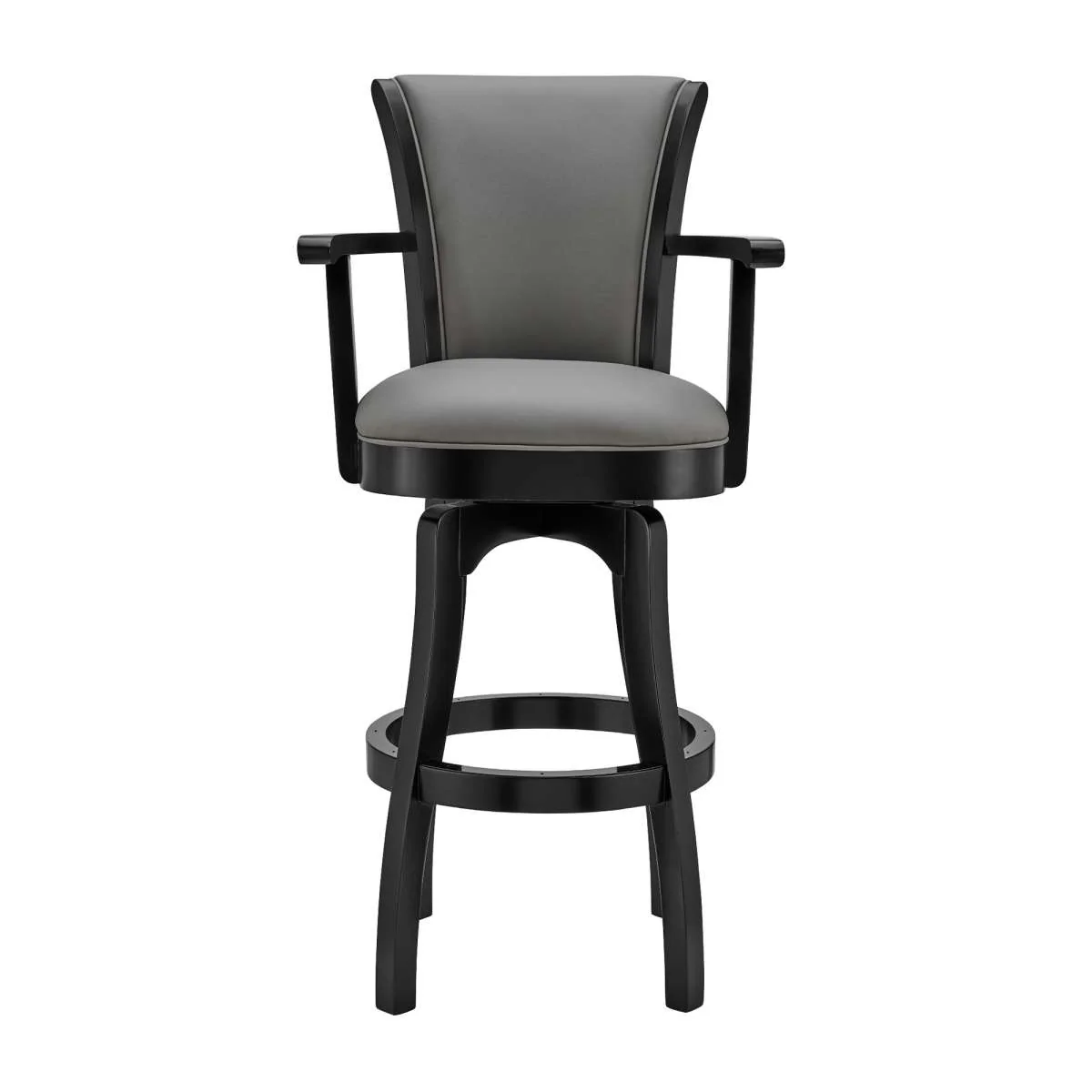 Raleigh 30" Bar Height Swivel Grey Faux Leather and Black Wood Arm Bar Stool By Armen Living - Image 2