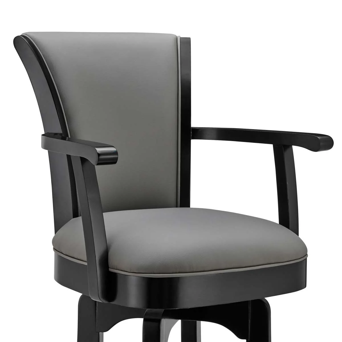 Raleigh 30" Bar Height Swivel Grey Faux Leather and Black Wood Arm Bar Stool By Armen Living - Image 3