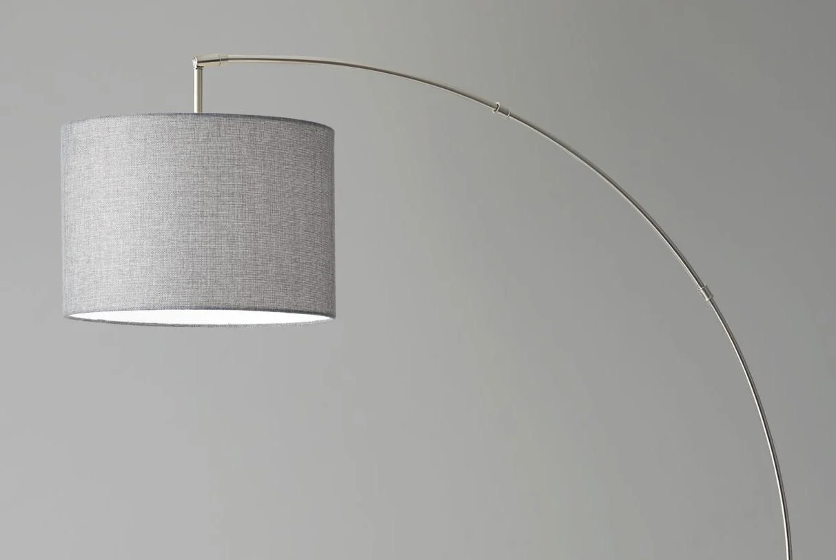 Reading Nook Floor Lamp Brushed Steel Arc Arm Adjustable Grey Fabric Shade - Image 3