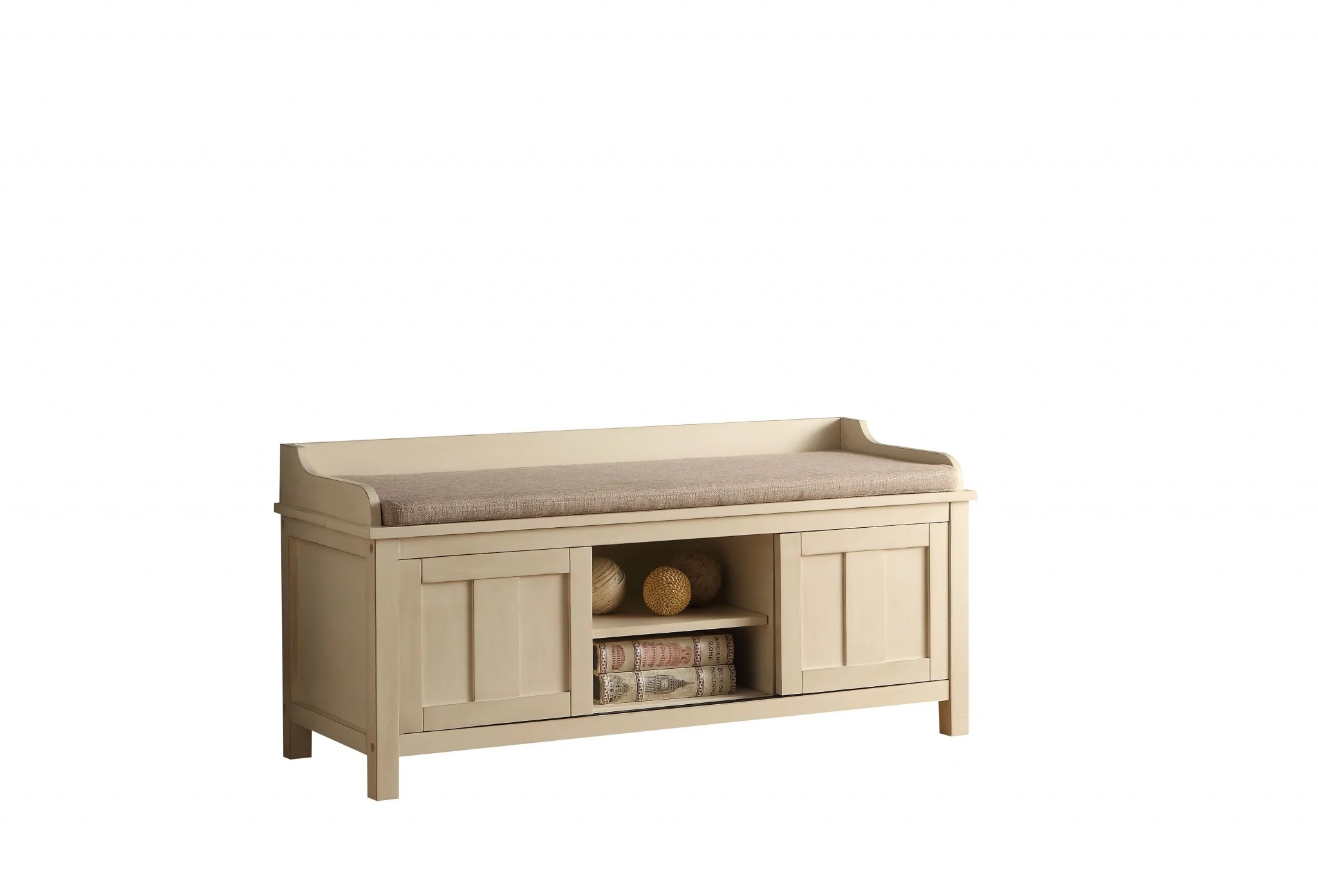Rectangular Cream Fabric Bench with Covered Storage By Homeroots - Image 2