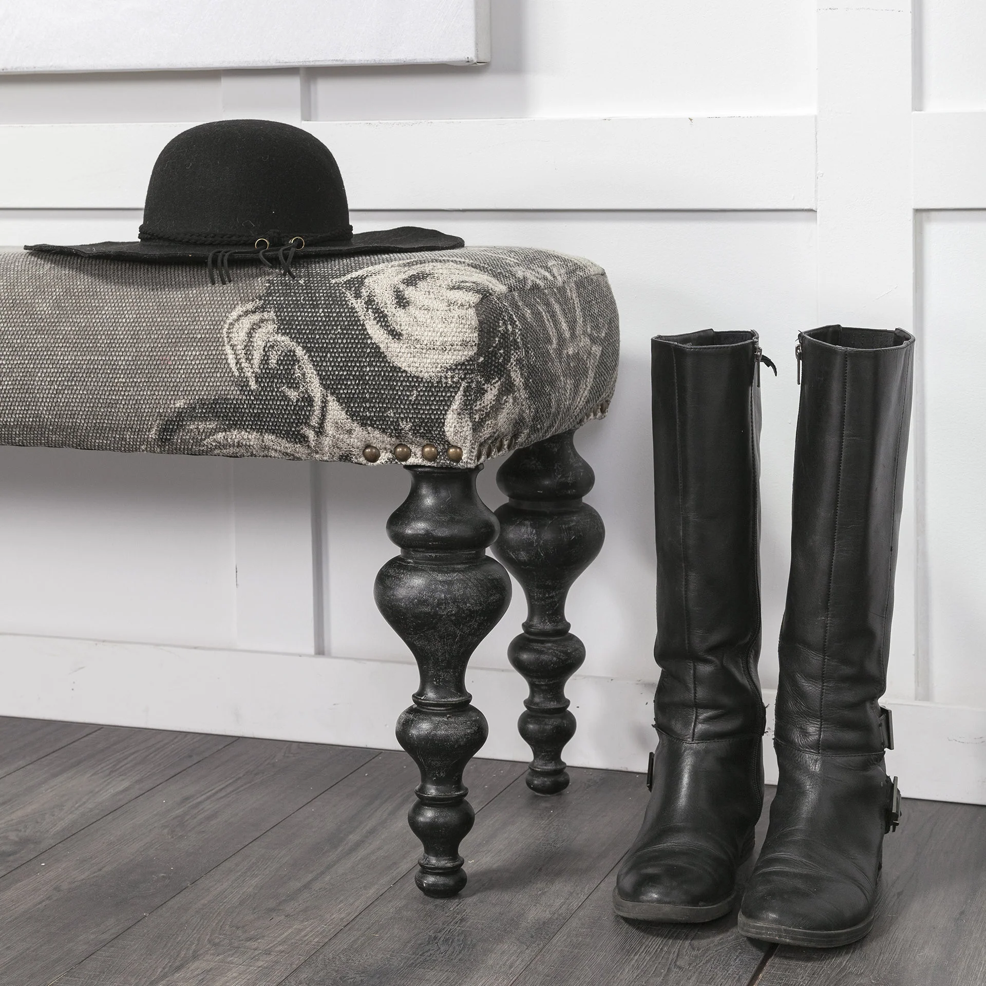 Rectangular Dark Wood and Gray Floral Accent Bench By Homeroots - Image 4