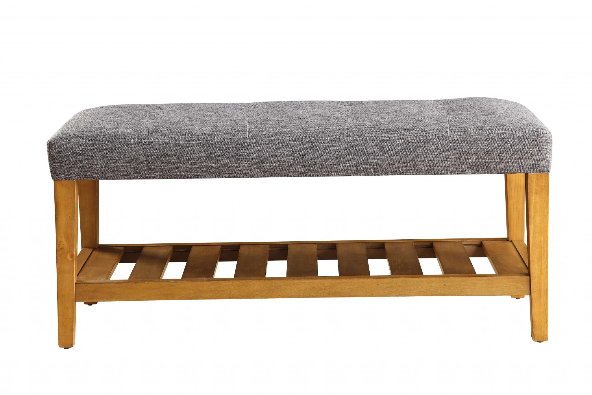 Rectangular Gray Padded Becnh with Oak Finish Legs and Shelf By Homeroots - Image 2