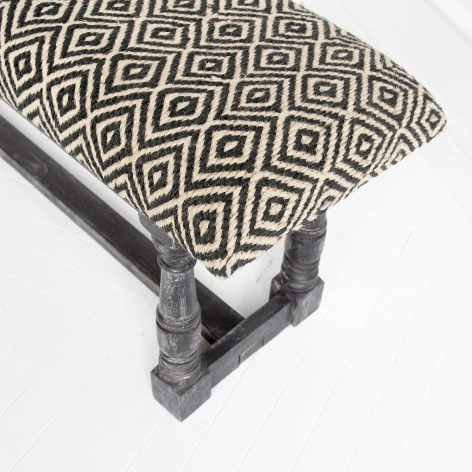 Rectangular Indian Mango Wood Black Base W White Woven Cushion Top Accent Bench By Homeroots - Image 3