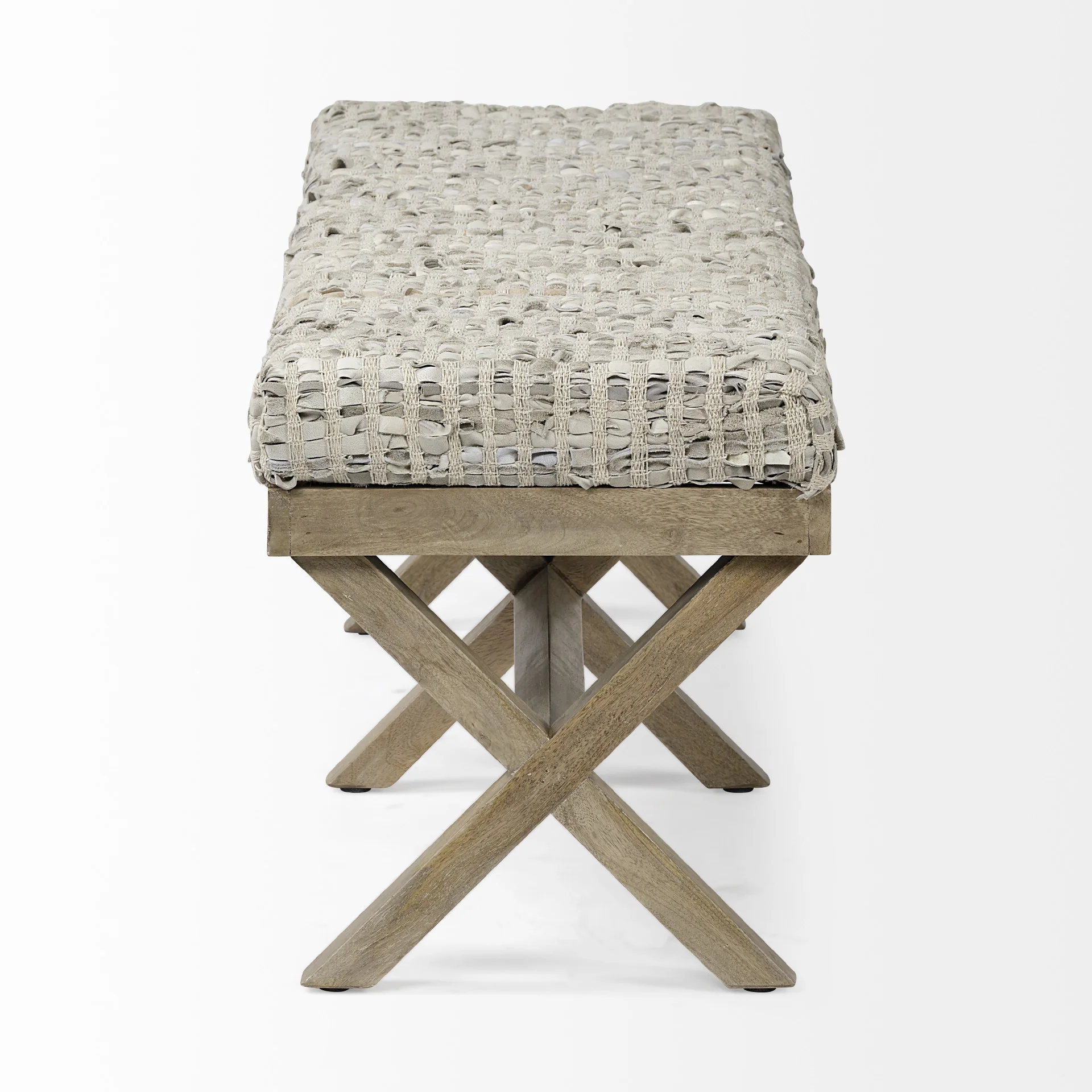Rectangular Indian Mango Wood Light Brown Base W Beige-Toned Woven Leather Cushion Accent Bench By Homeroots - Image 2