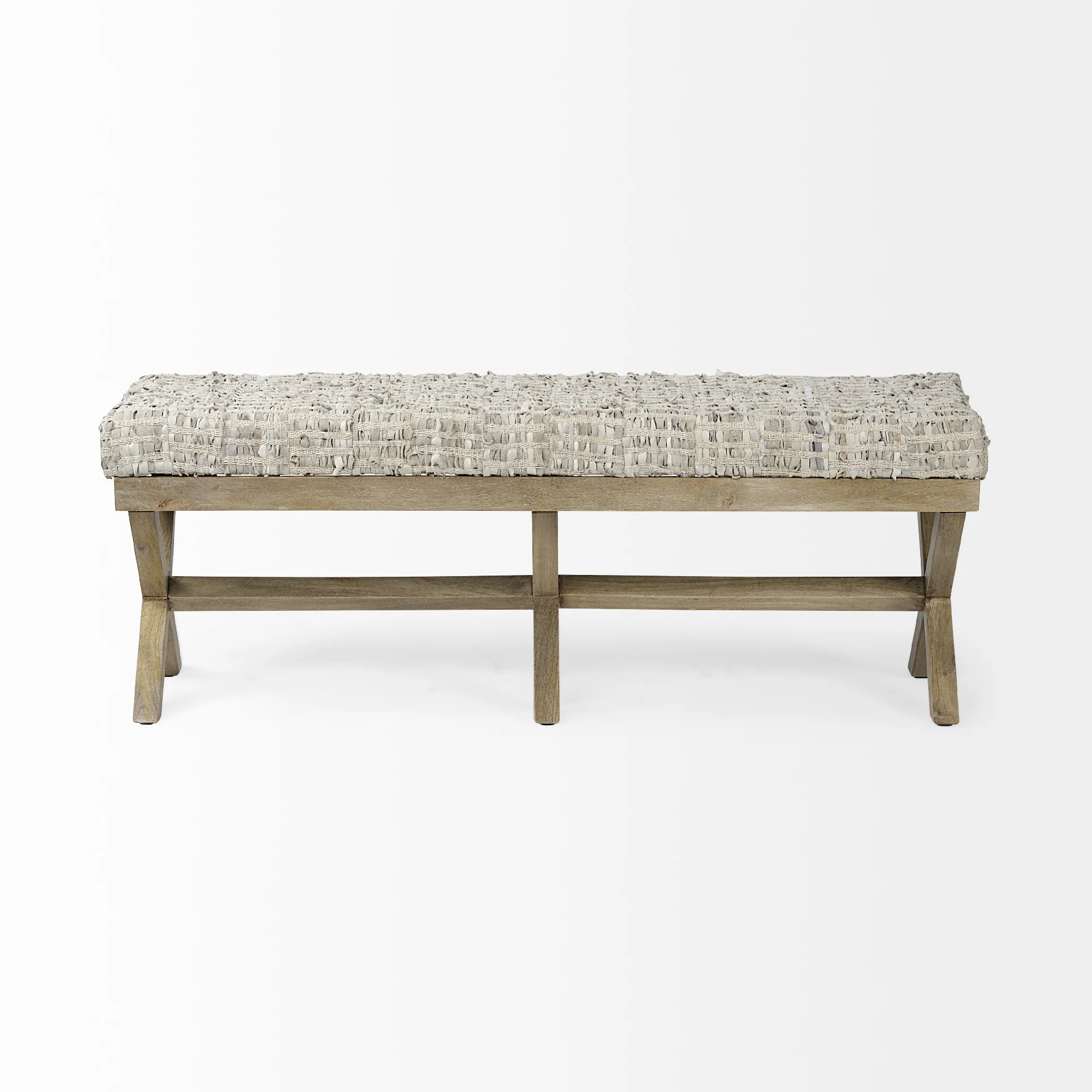 Rectangular Indian Mango Wood Light Brown Base W Beige-Toned Woven Leather Cushion Accent Bench By Homeroots - Image 3