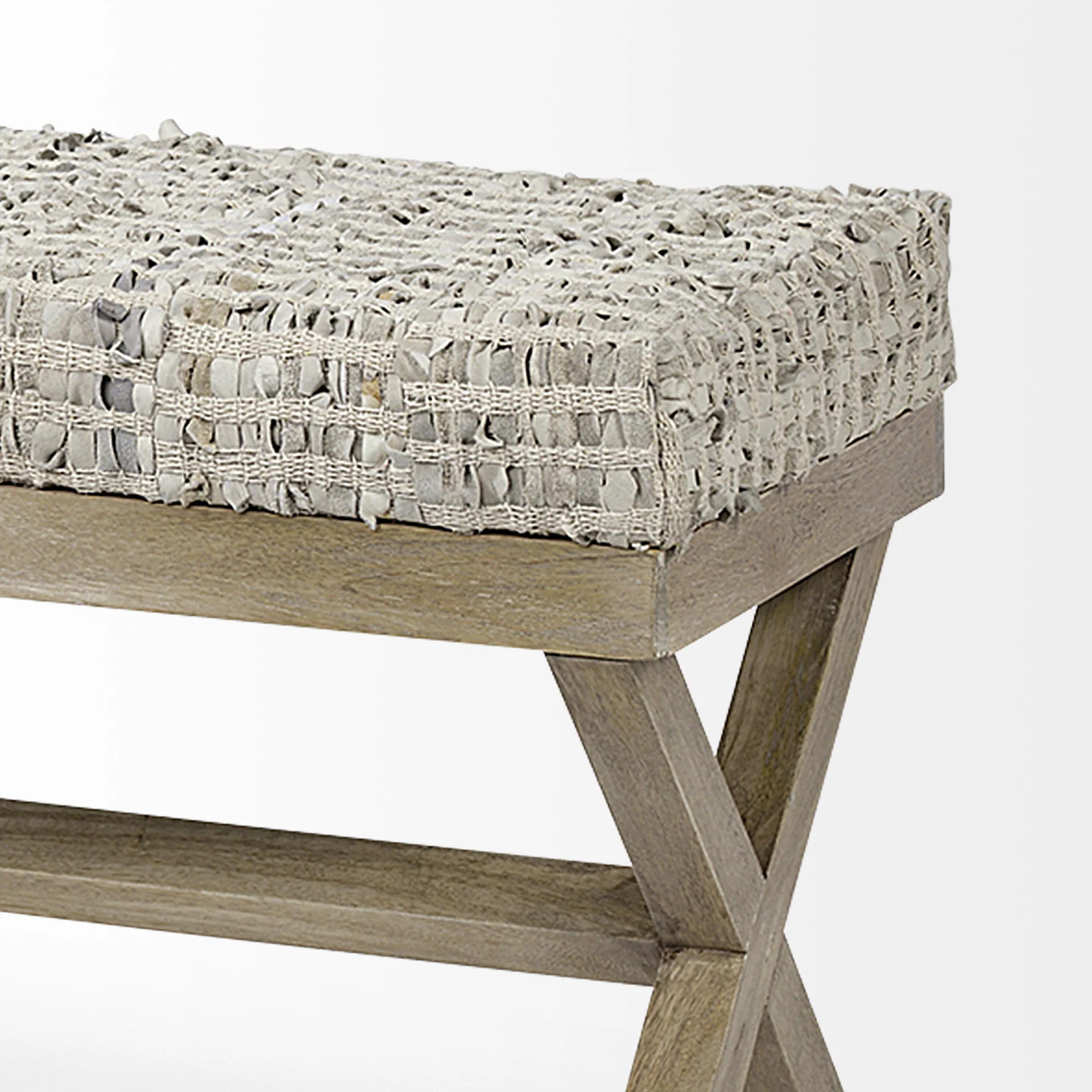 Rectangular Indian Mango Wood Light Brown Base W Beige-Toned Woven Leather Cushion Accent Bench By Homeroots - Image 4