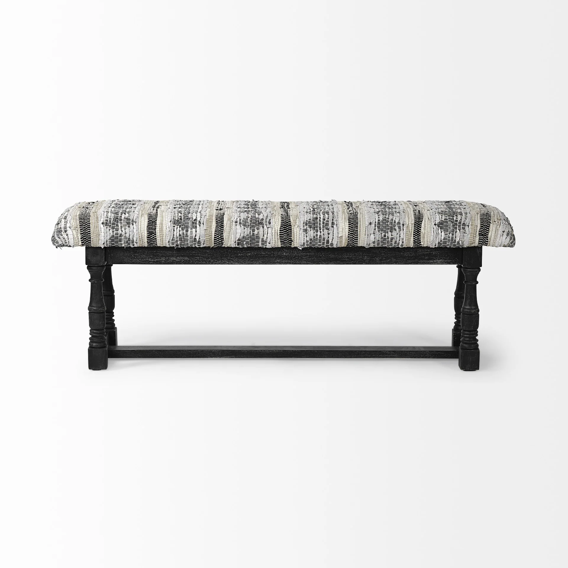 Rectangular Indian Mango WoodBlack W Woven-Leather Cushion Top Accent Bench By Homeroots - Image 3