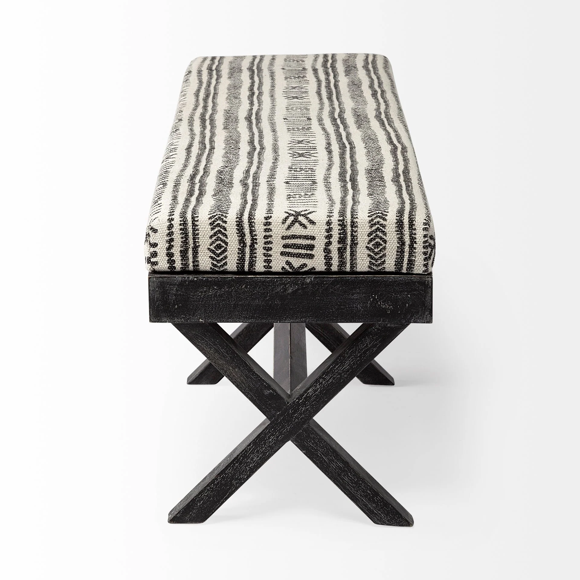 Rectangular Indian Mango WoodDark-Brown Finish W Upholstered Gray And White Patterned Seat Accent Bench By Homeroots - Image 2