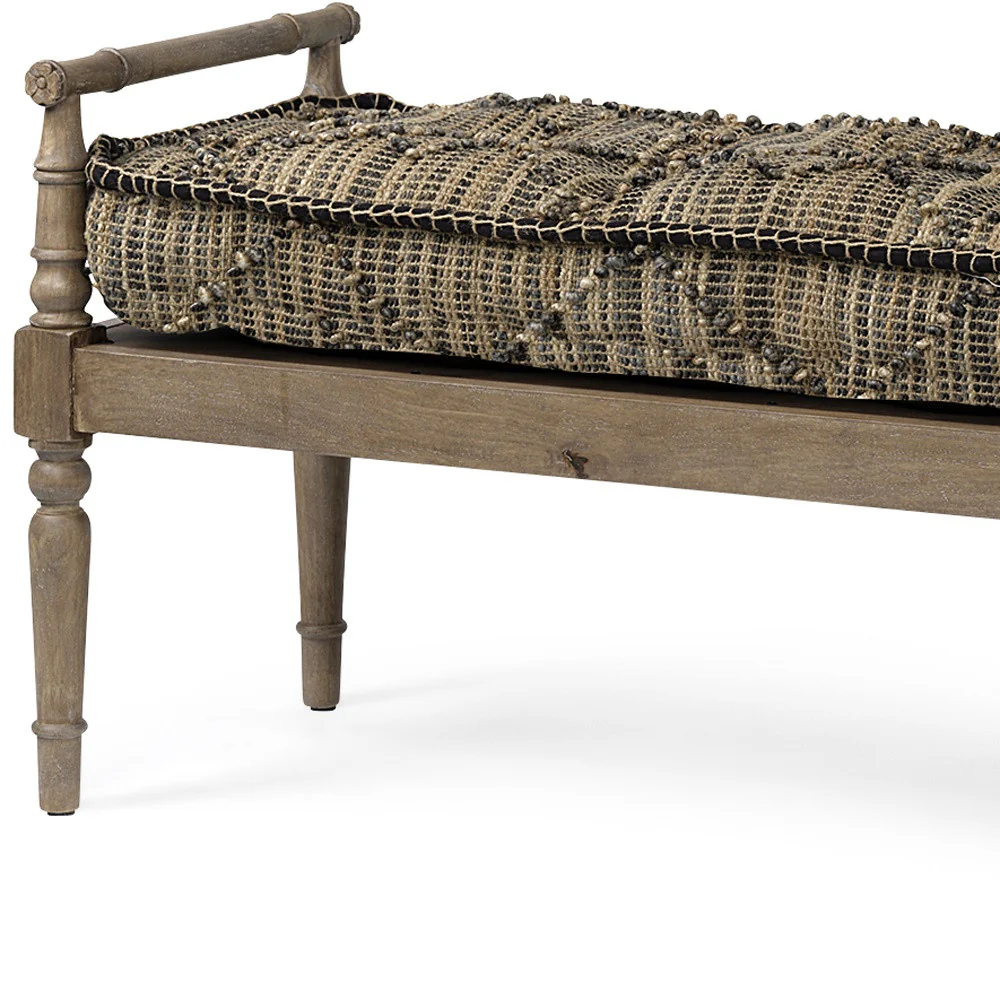 Rectangular Indian Mango WoodLight Brown And Grey W Jute Patterned Top Accent Bench By Homeroots - Image 3