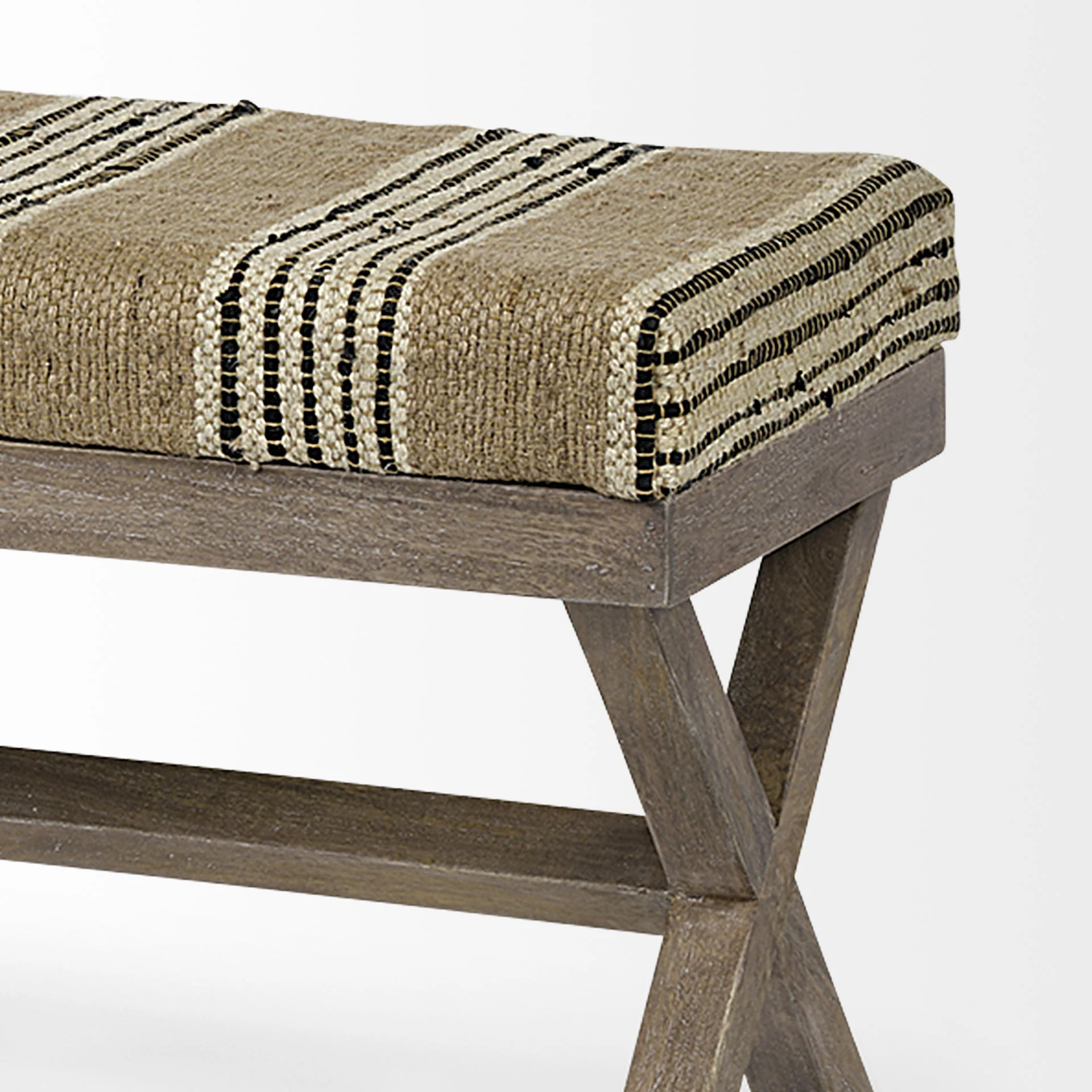 Rectangular Mango Wood Medium Brown Base W Upholstered Beige And Black Stripe Seat Accent Bench By Homeroots - Image 2