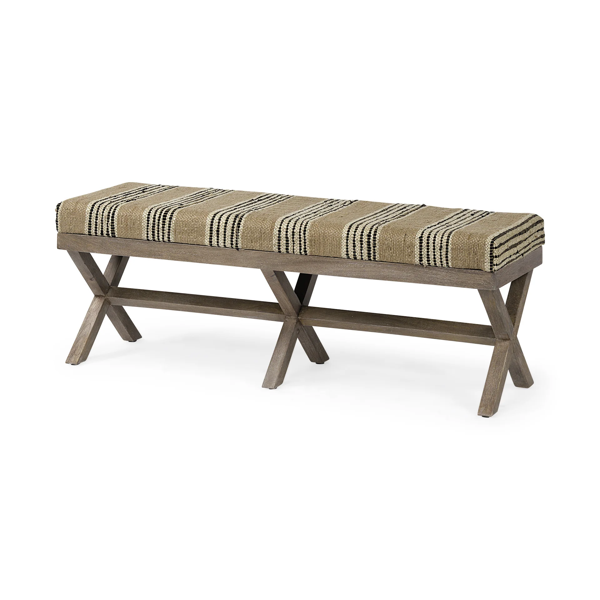 Rectangular Mango Wood Medium Brown Base W Upholstered Beige And Black Stripe Seat Accent Bench By Homeroots - Image 3