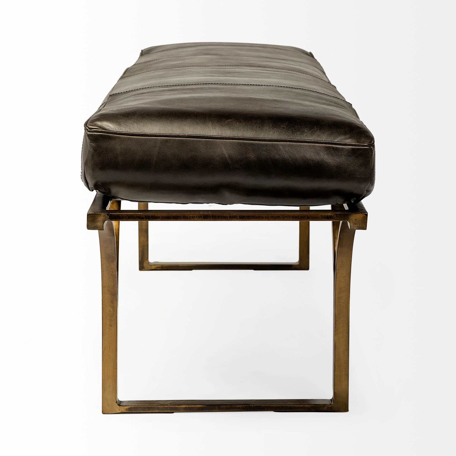 Rectangular MetalAntiqued-Gold Black Genuine Leather Seat Accent Bench By Homeroots - Image 2