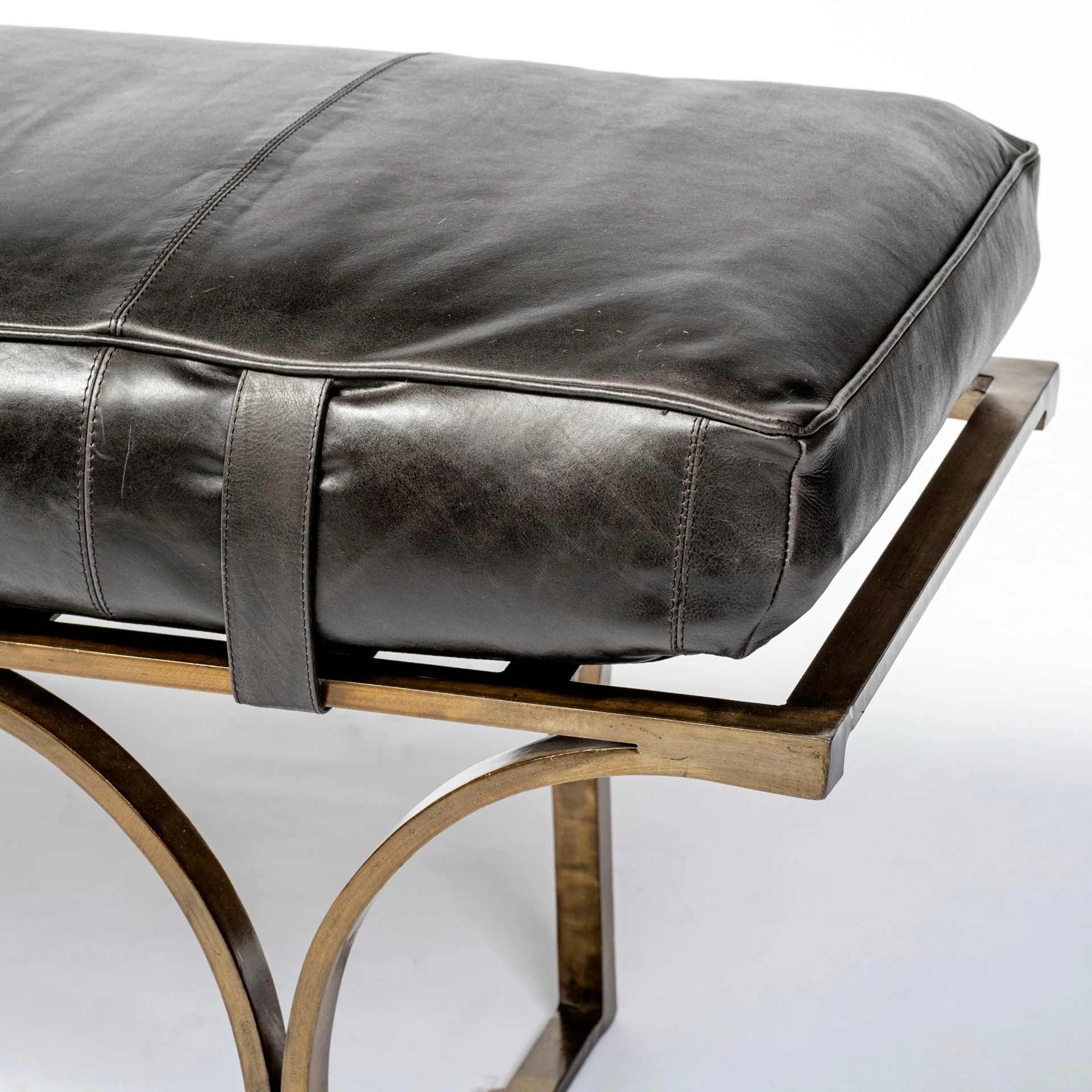 Rectangular MetalAntiqued-Gold Black Genuine Leather Seat Accent Bench By Homeroots - Image 3